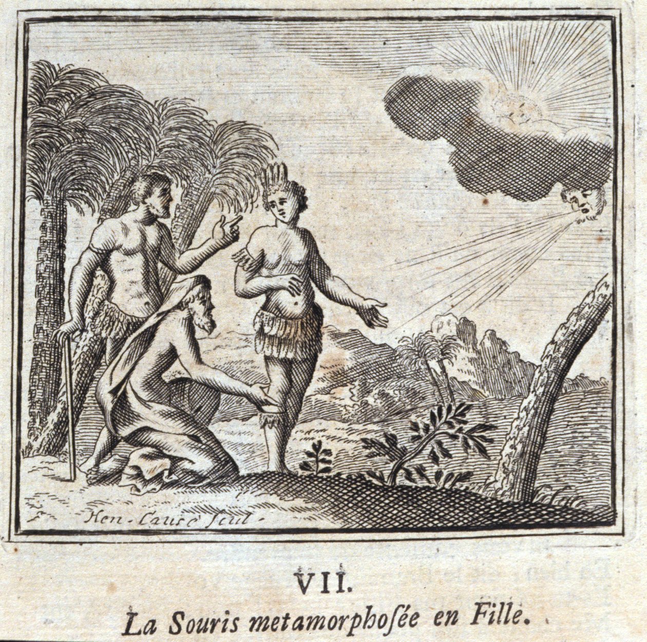 La Souris se proměnila v dívku. Bajky Jean de La Fontaine (1621-95). Ilustrace François Chauveau (1613-1676). Vydání z roku 1728. od Francois Chauveau