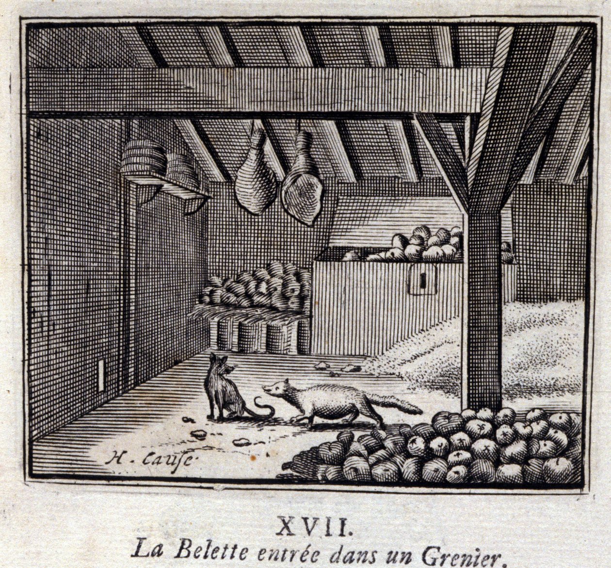 La Weasette vstoupil do Grenieru. Bajky Jean de La Fontaine (1621-95). Ilustrace François Chauveau (1613-1676). Vydání z roku 1728. od Francois Chauveau