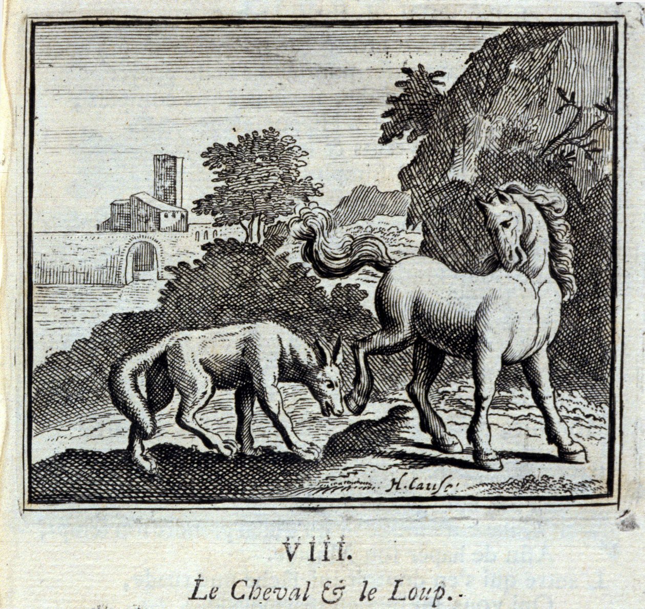 Kůň a vlk Bajky Jean de La Fontaine (1621-95). Ilustrace François Chauveau (1613-1676). Vydání z roku 1728. od Francois Chauveau