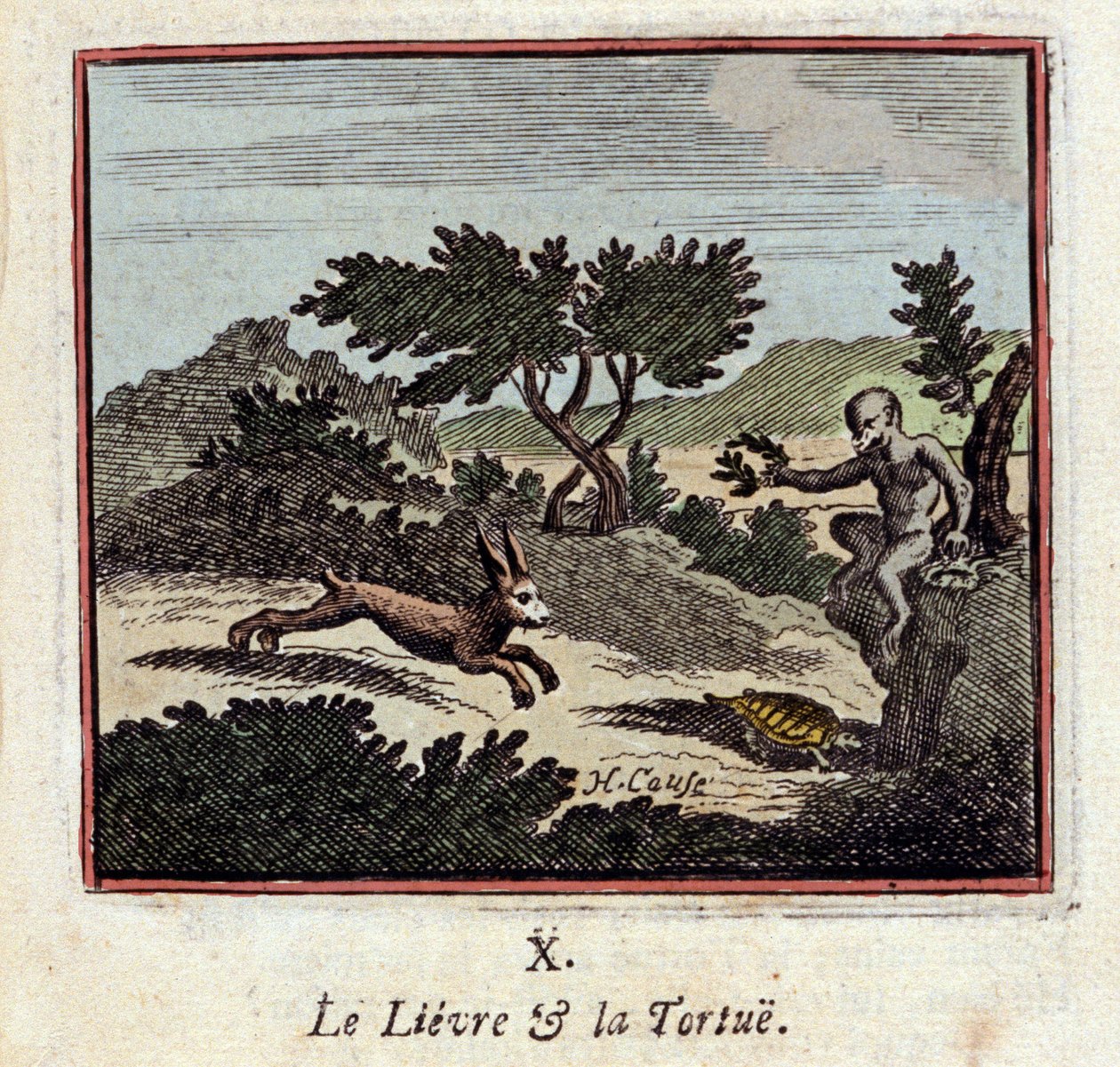 Zajíc a želva - Bajky Jean de La Fontaine (1621-1695) - Ilustrace Francois Chauveau (1613-1676) - Vydání z roku 1728 od Francois Chauveau