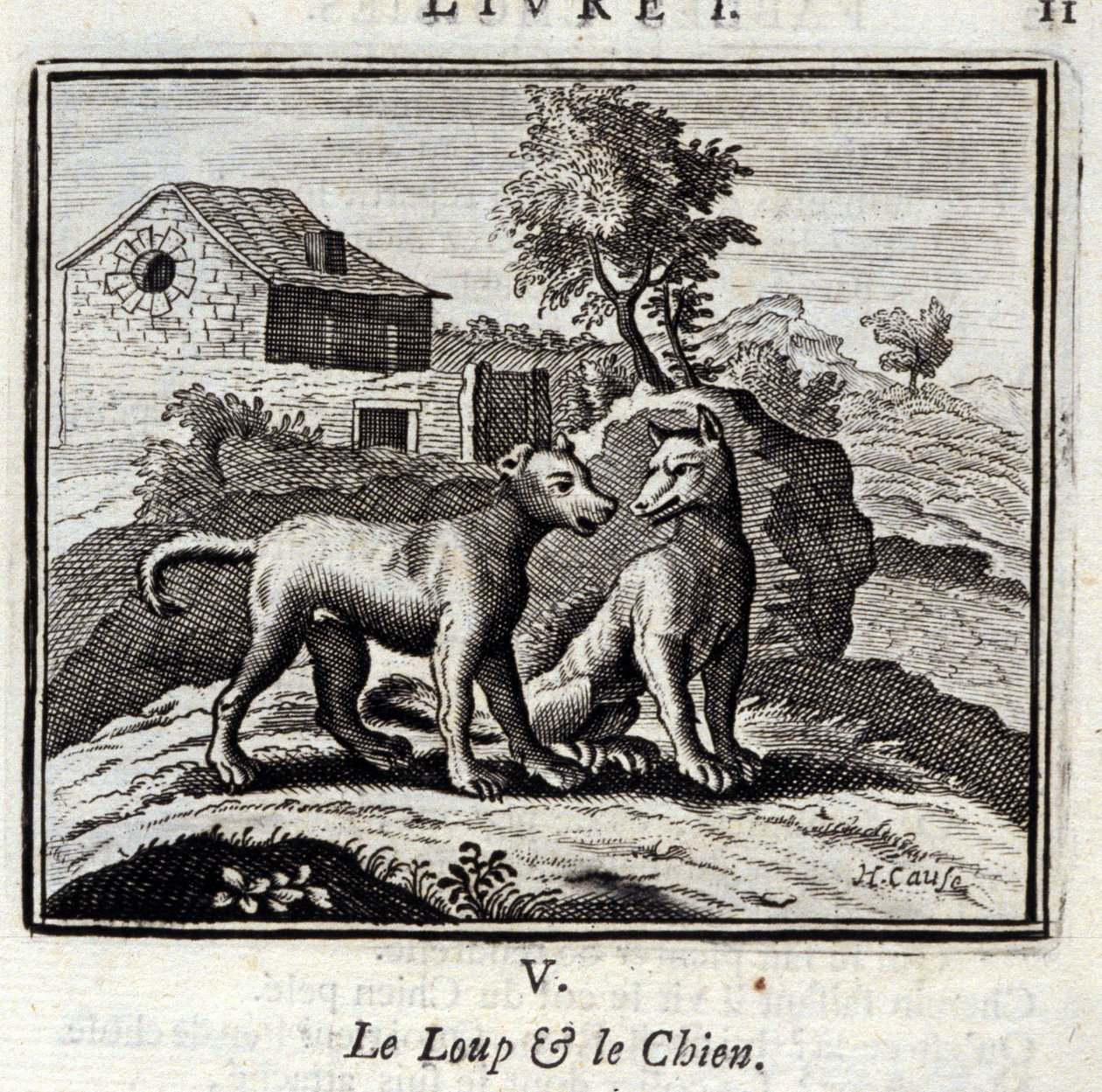 Vlk a pes Bajky Jean de La Fontaine (1621-95). Ilustrace Francois Chauveau (1613-1676). Vydání z roku 1728. od Francois Chauveau