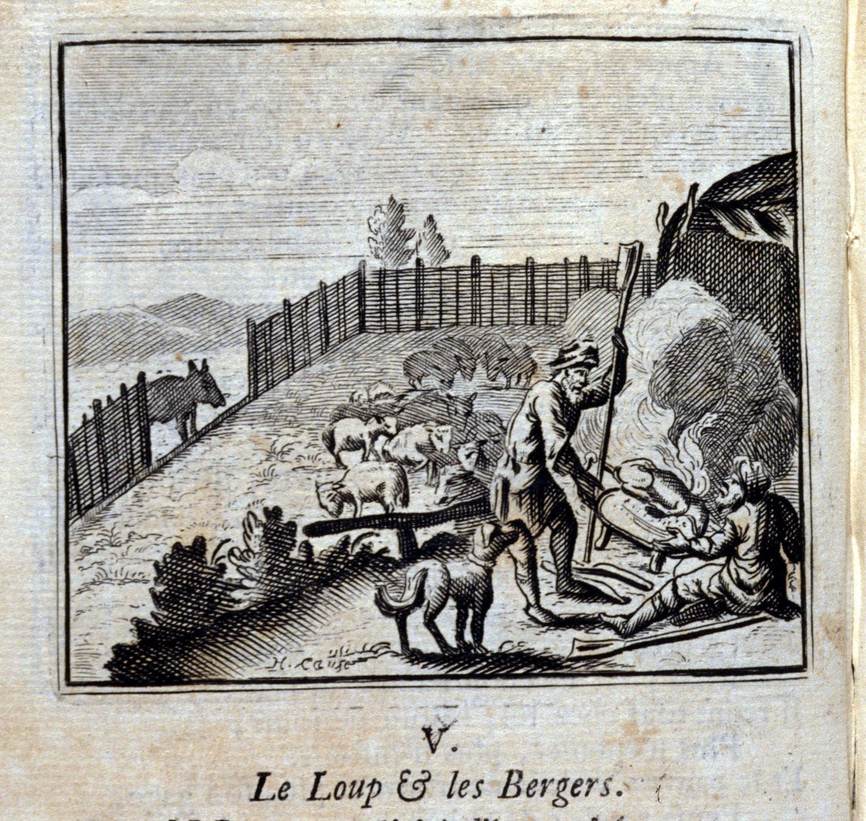 Vlk a pastýři.Bajky Jean de La Fontaine (1621-95). Ilustrace François Chauveau (1613-1676). Vydání z roku 1728. od Francois Chauveau