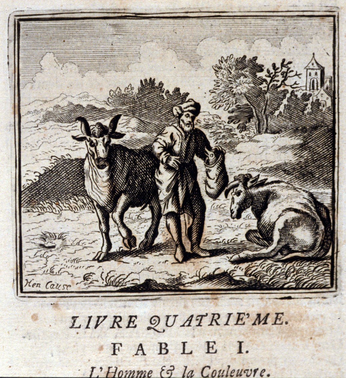 Muž a had. Bajky Jean de La Fontaine (1621-95). Ilustrace Francois Chauveau (1613-1676). Vydání z roku 1728. od Francois Chauveau