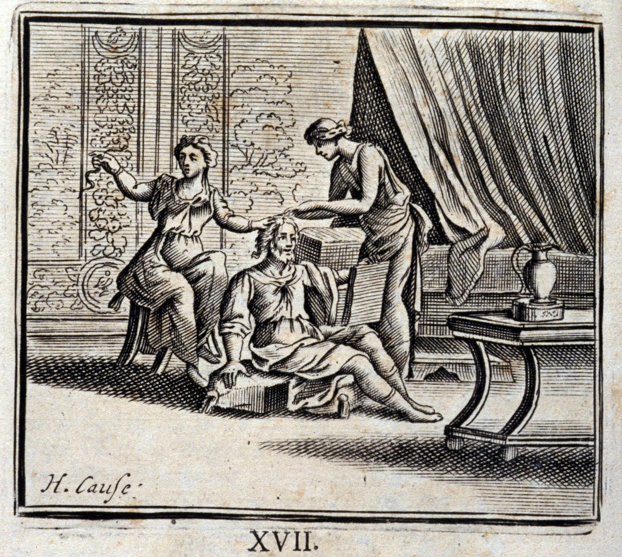 Muž mezi dvěma roky a jeho dvě milenky. Bajky Jean de La Fontaine (1621-95). Ilustrace Francois Chauveau (1613-1676). Vydání z roku 1728. od Francois Chauveau