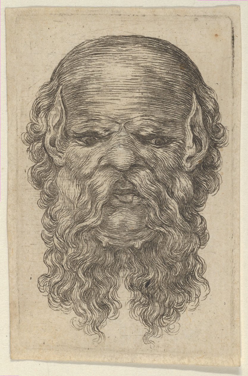 Maska plešatého muže se špičatýma ušima a dlouhým, roztřepeným plnovousem, od Divers Masques, ca. 1635-45. od Francois Chauveau