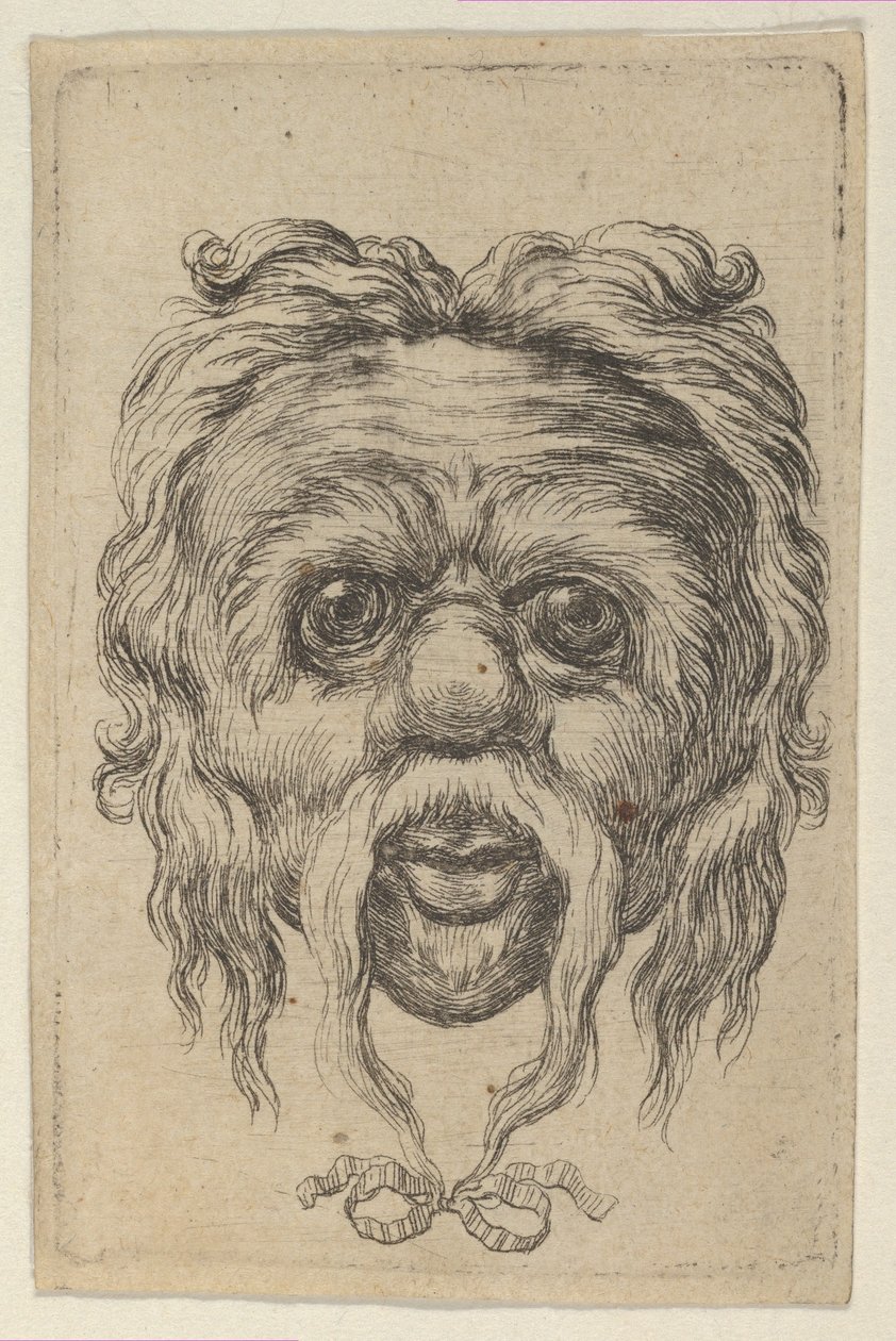 Maska s dlouhým knírem svázaná stuhou pod bradou, od Divers Masques, ca. 1635-45. od Francois Chauveau