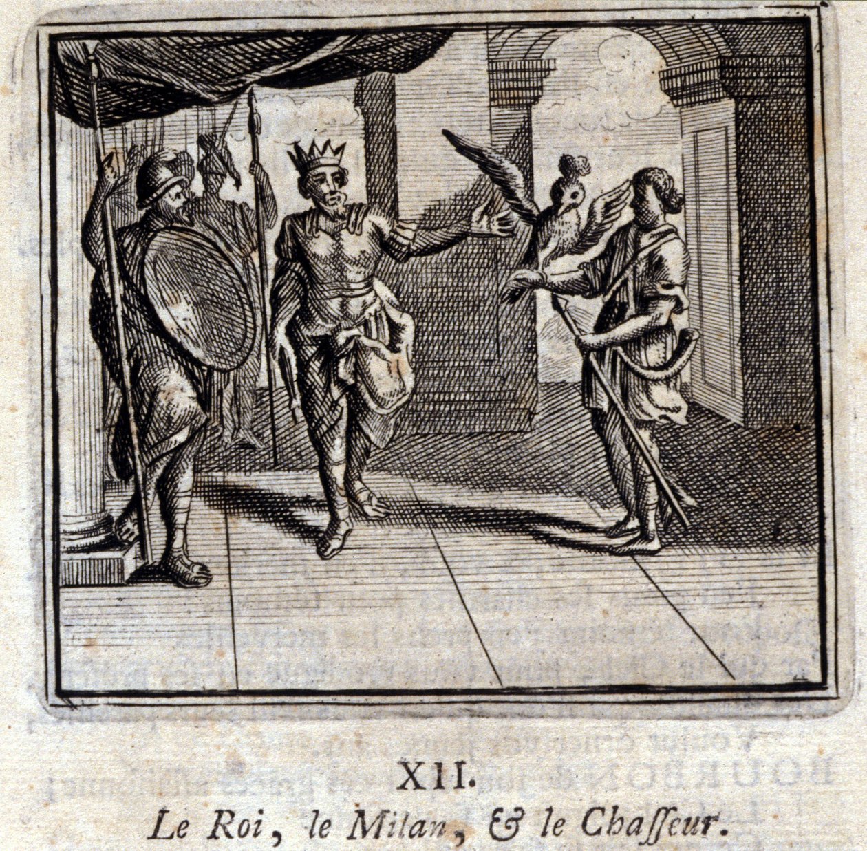 Milan král a lovec. Bajky Jean de La Fontaine (1621-95). Ilustrace François Chauveau (1613-1676). Vydání z roku 1728. od Francois Chauveau