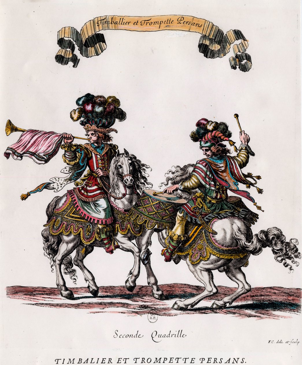 Perský timbalier a trubka během kolotoče v podání krále Ludvíka XIV. (1639-1715) Rytina Francoise Chauveau (1613-1676) cca 1662 Soukromá sbírka od Francois Chauveau