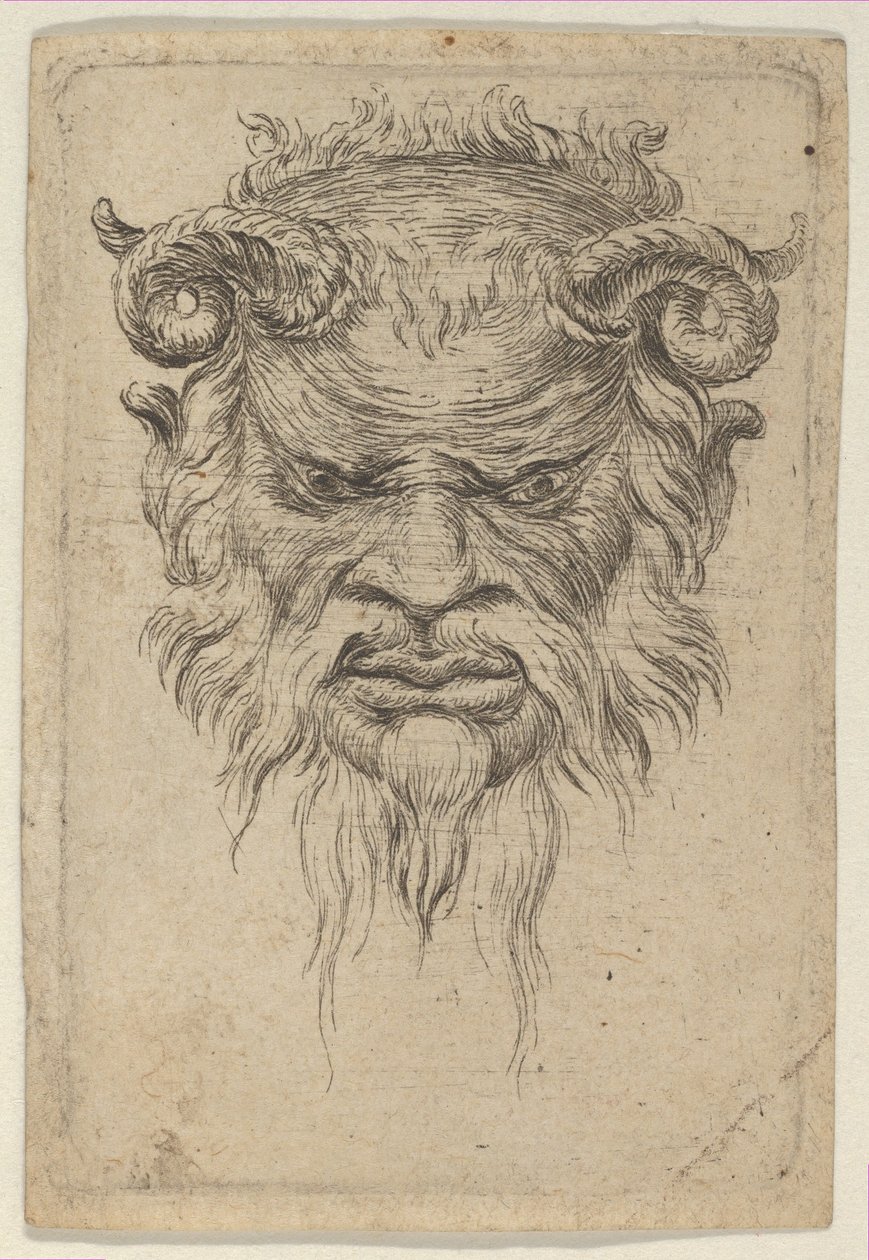 Satyrská maska se stočenými rohy při pohledu dolů, od Divers Masques, ca. 1635-45. od Francois Chauveau