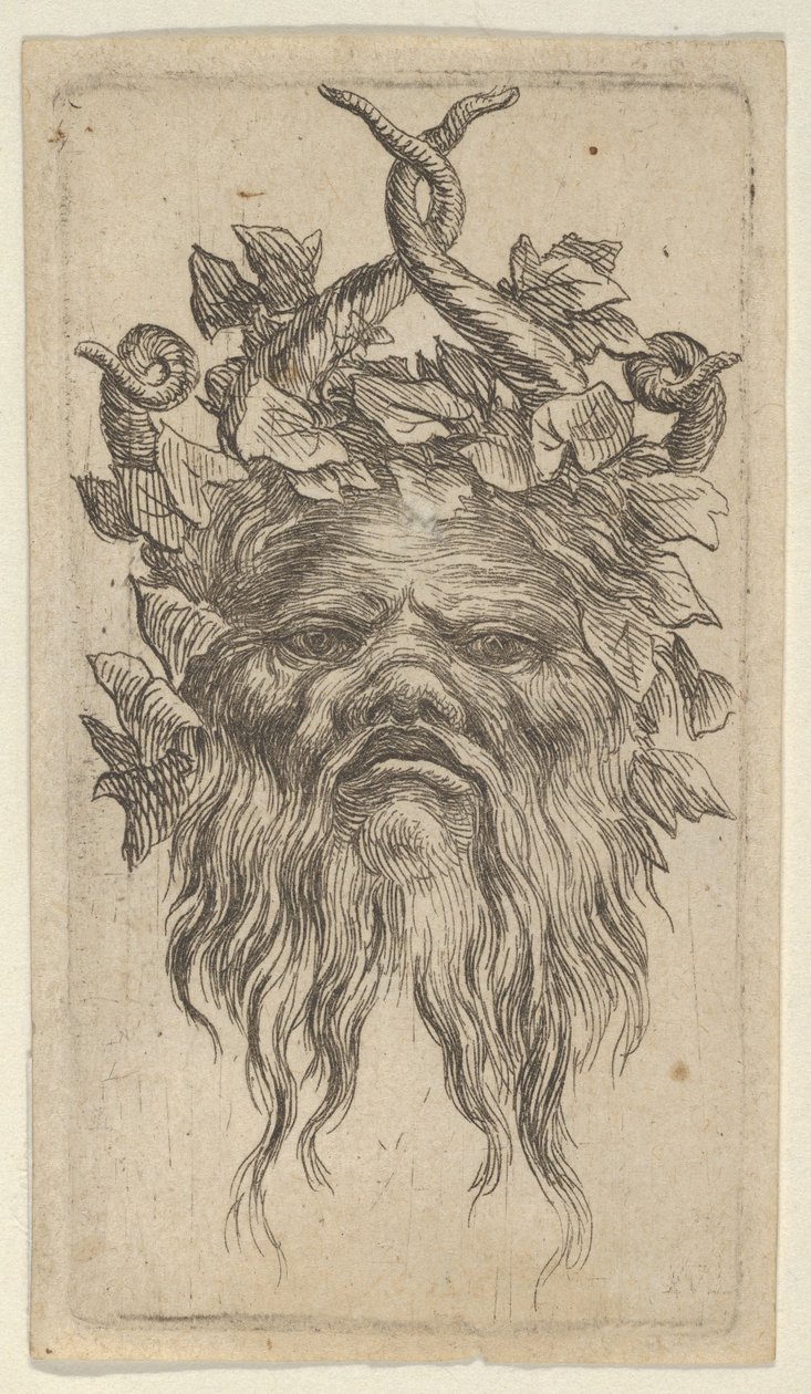 Satyrská maska se zahnutými rohy a břečťanovým věncem, od Divers Masques, ca. 1635-45. od Francois Chauveau