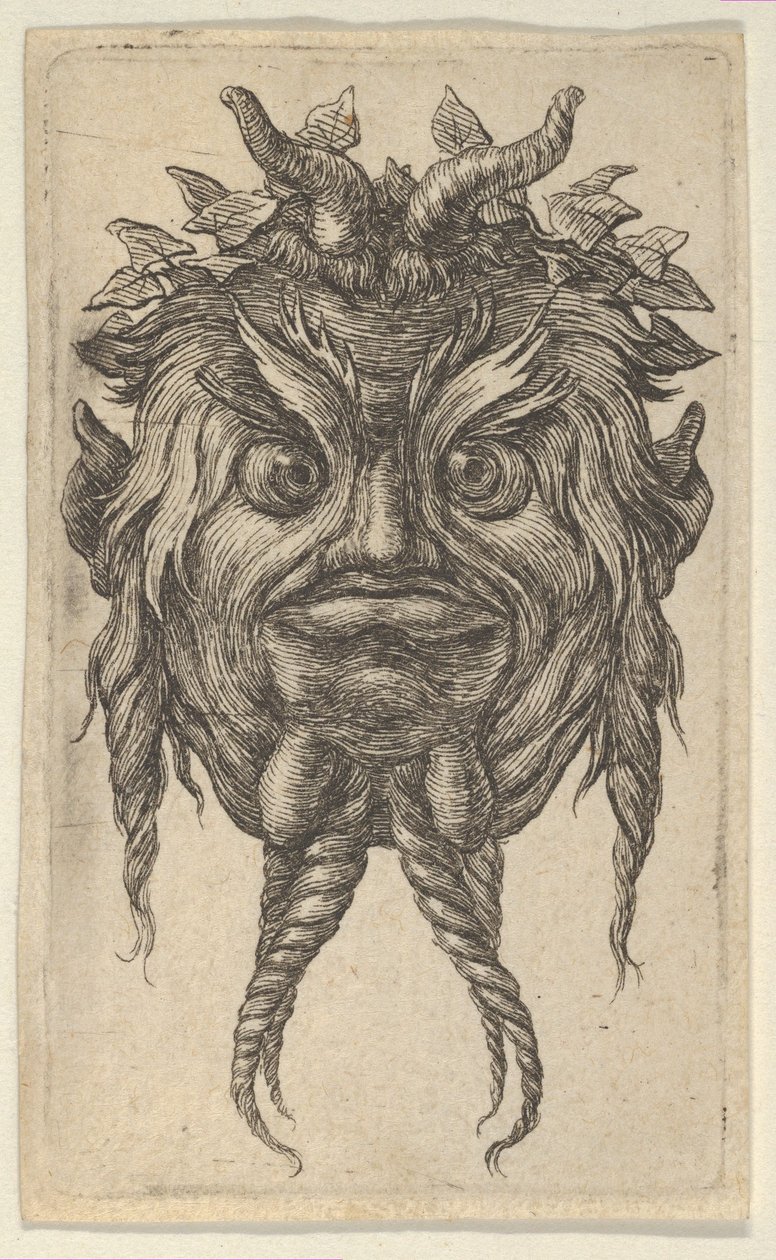 Satyrská maska s rohy a zatočeným vousem s břečťanovým věncem, od Divers Masque..., ca. 1635-45. od Francois Chauveau