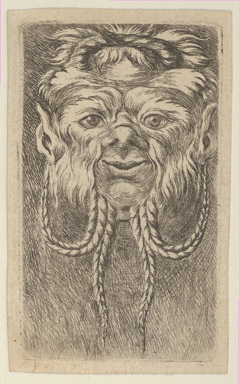 Satyrská maska s překrývajícími se rohy a čtyřmi pletenými prameny vousů, od Divers Ma..., ca. 1635-45. od Francois Chauveau
