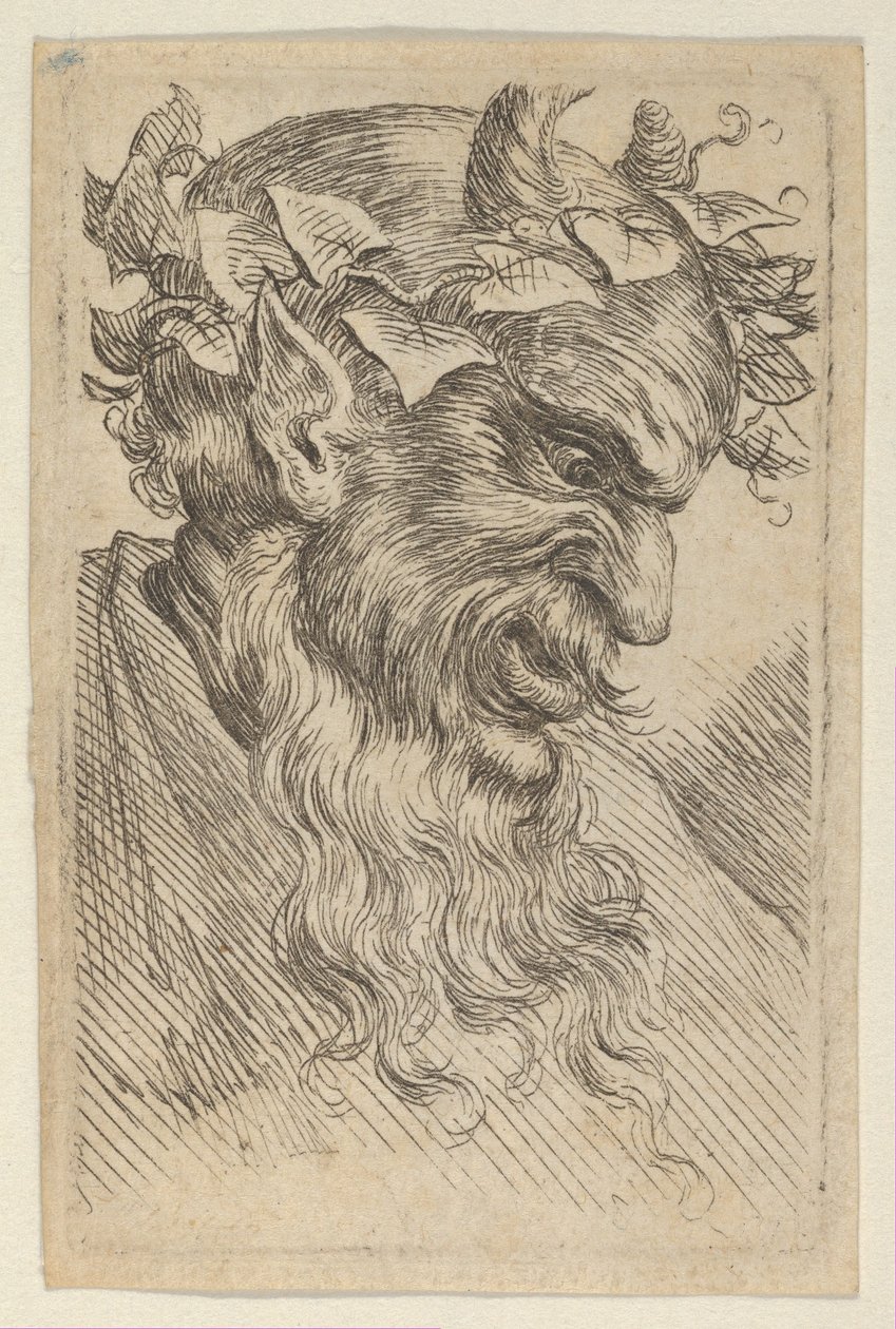 Satyrská maska s korunou břečťanu, obrácená doprava, od Divers Masques, ca. 1635-45. od Francois Chauveau