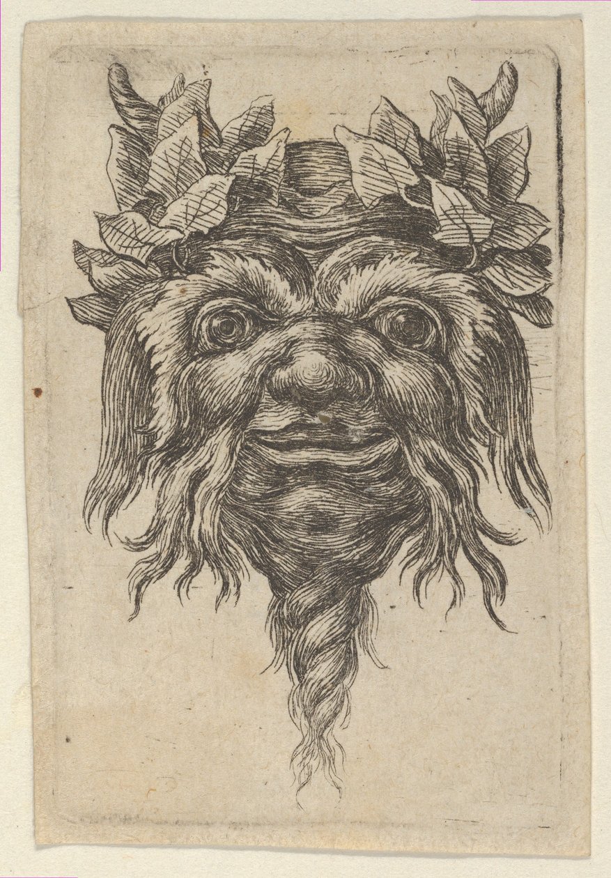 Satyrská maska se spirálovitým vousem a břečťanem seskupeným kolem každého rohu, od Divers..., ca. 1635-45. od Francois Chauveau