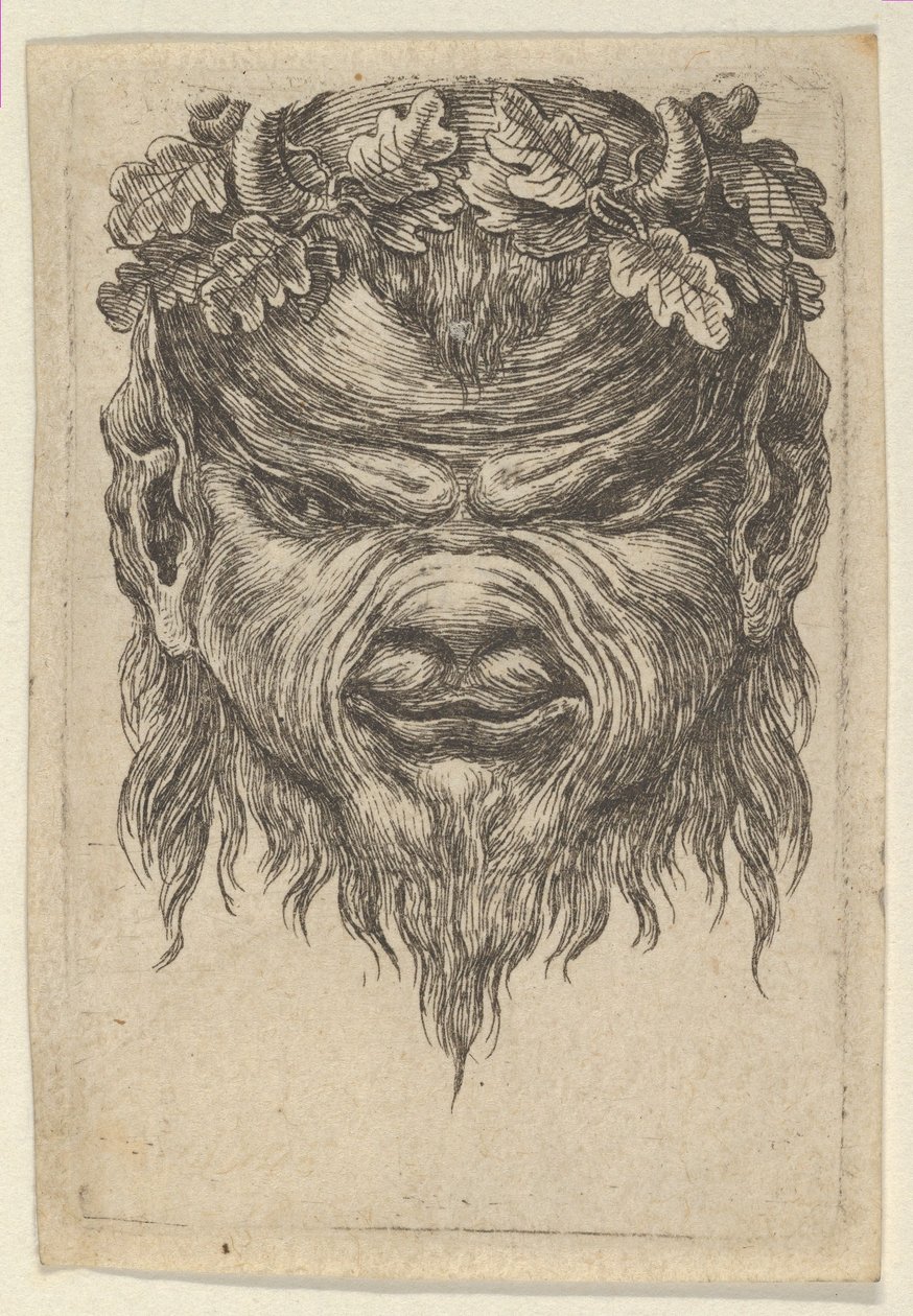 Satyrská maska s vroubkovaným čenichem a věncem z dubových listů, od Divers Masques, ca. 1635-45. od Francois Chauveau
