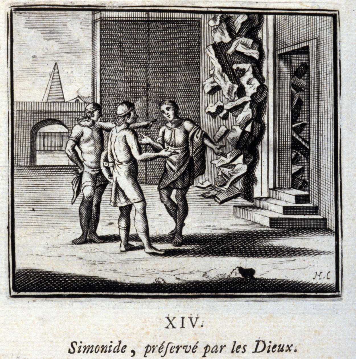 Simonides zachovali bohové. Bajky Jean de La Fontaine (1621-95). Ilustrace Francois Chauveau (1613-1676). Vydání z roku 1728. od Francois Chauveau