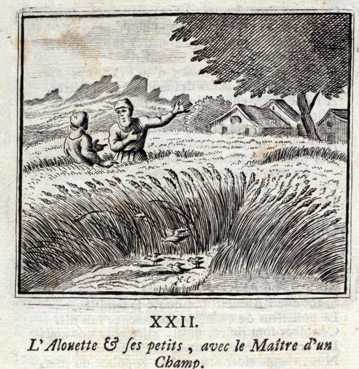 Alouette a jeho děti s mistrem pole. Bajky Jean de La Fontaine (1621-95). Ilustrace François Chauveau (1613-1676). Vydání z roku 1728. od Francois Chauveau