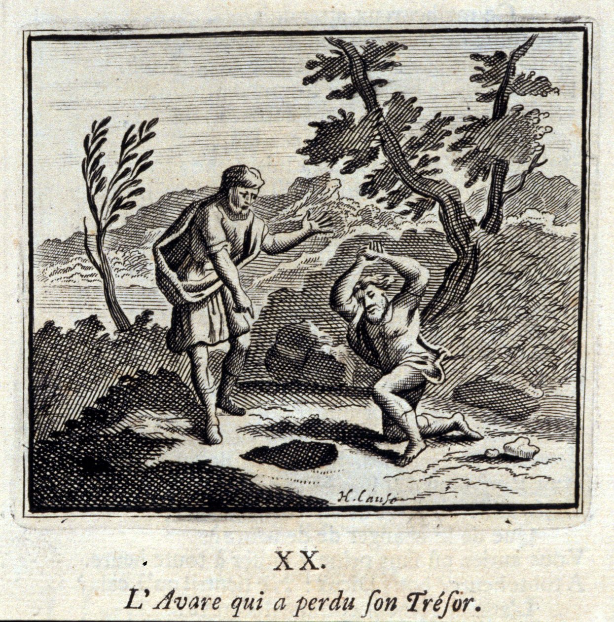 Avare, který ztratil svůj tresor. Bajky Jean de La Fontaine (1621-95). Ilustrace François Chauveau (1613-1676). Vydání z roku 1728. od Francois Chauveau