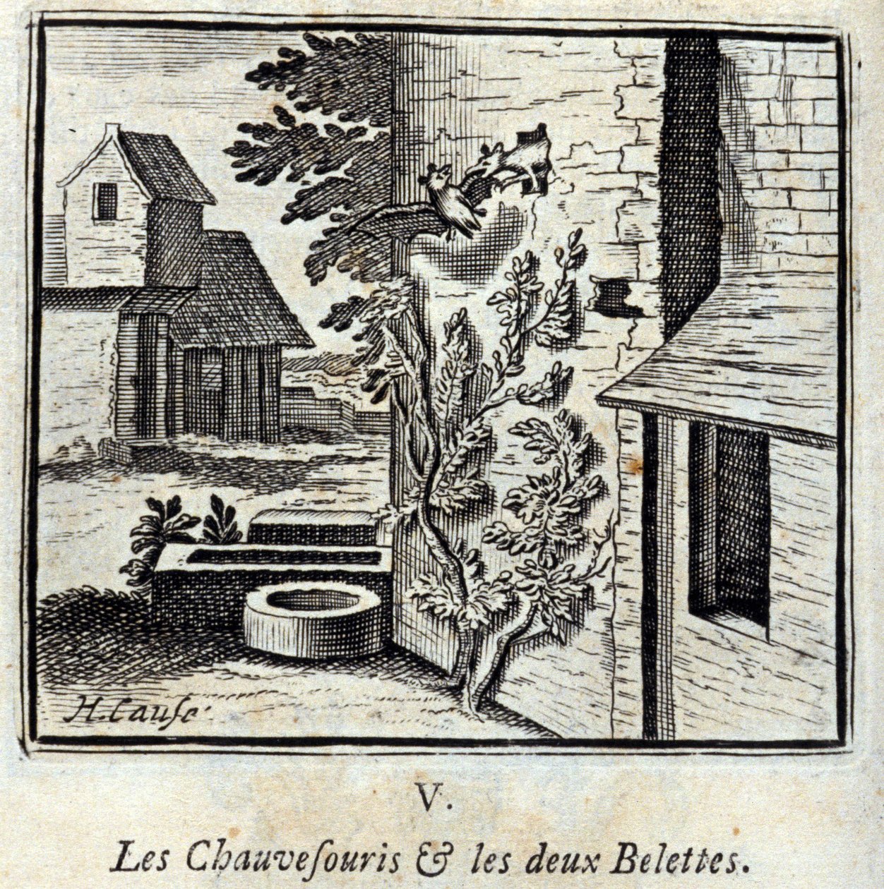 Netopýr a dvě lasičky. Bajky Jean de La Fontaine (1621-95). Ilustrace François Chauveau (1613-1676). Vydání z roku 1728. od Francois Chauveau