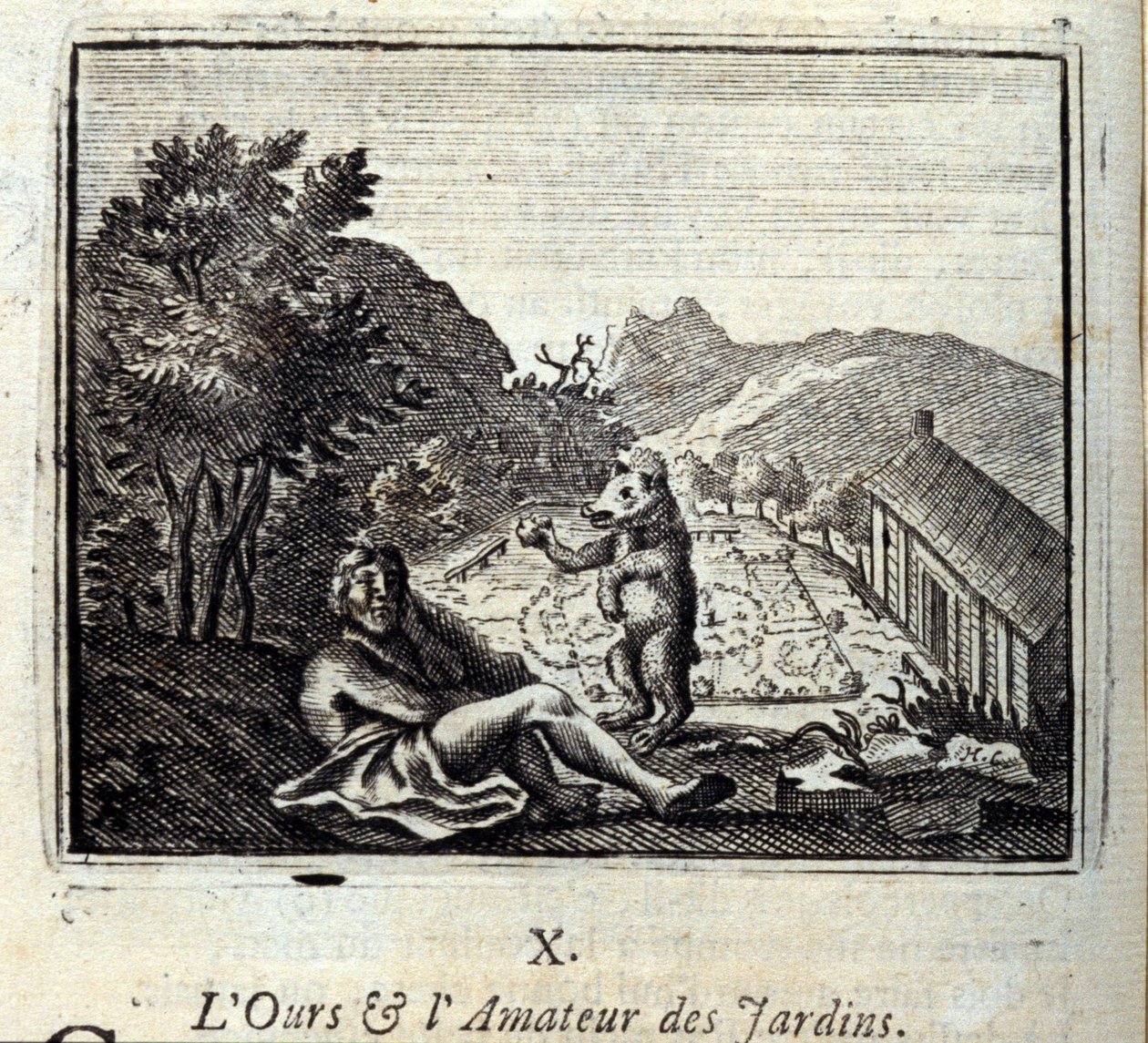 Medvěd a zahradní amatér. Bajky Jean de La Fontaine (1621-95). Ilustrace François Chauveau (1613-1676). Vydání z roku 1728. od Francois Chauveau