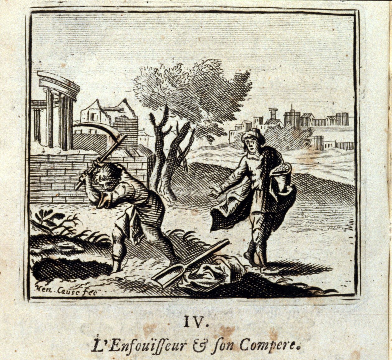 Spalovač a jeho Compere. Bajky Jean de La Fontaine (1621-95). Ilustrace Francois Chauveau (1613-1676). Vydání z roku 1728. od Francois Chauveau