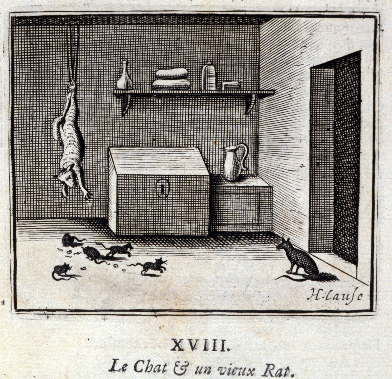 Kočka a stará krysa. Bajky Jean de La Fontaine (1621-95). Ilustrace Francois Chauveau (1613-1676). Vydání z roku 1728. od Francois Chauveau
