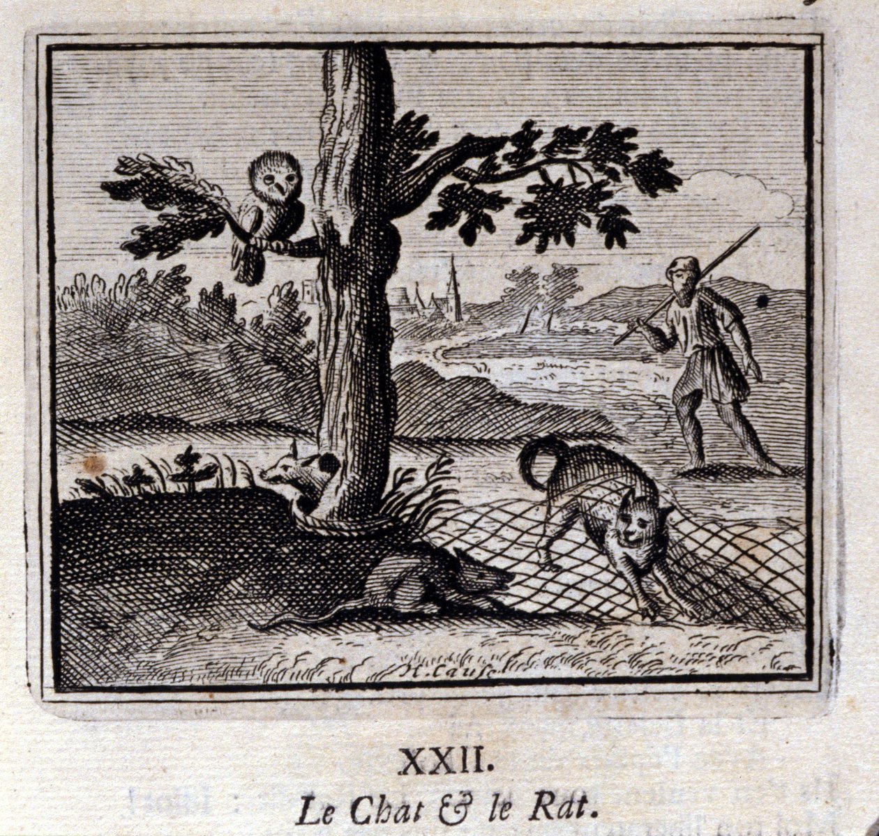 Kočka a krysa. Bajky Jean de La Fontaine (1621-95). Ilustrace Francois Chauveau (1613-1676). Vydání z roku 1728. od Francois Chauveau