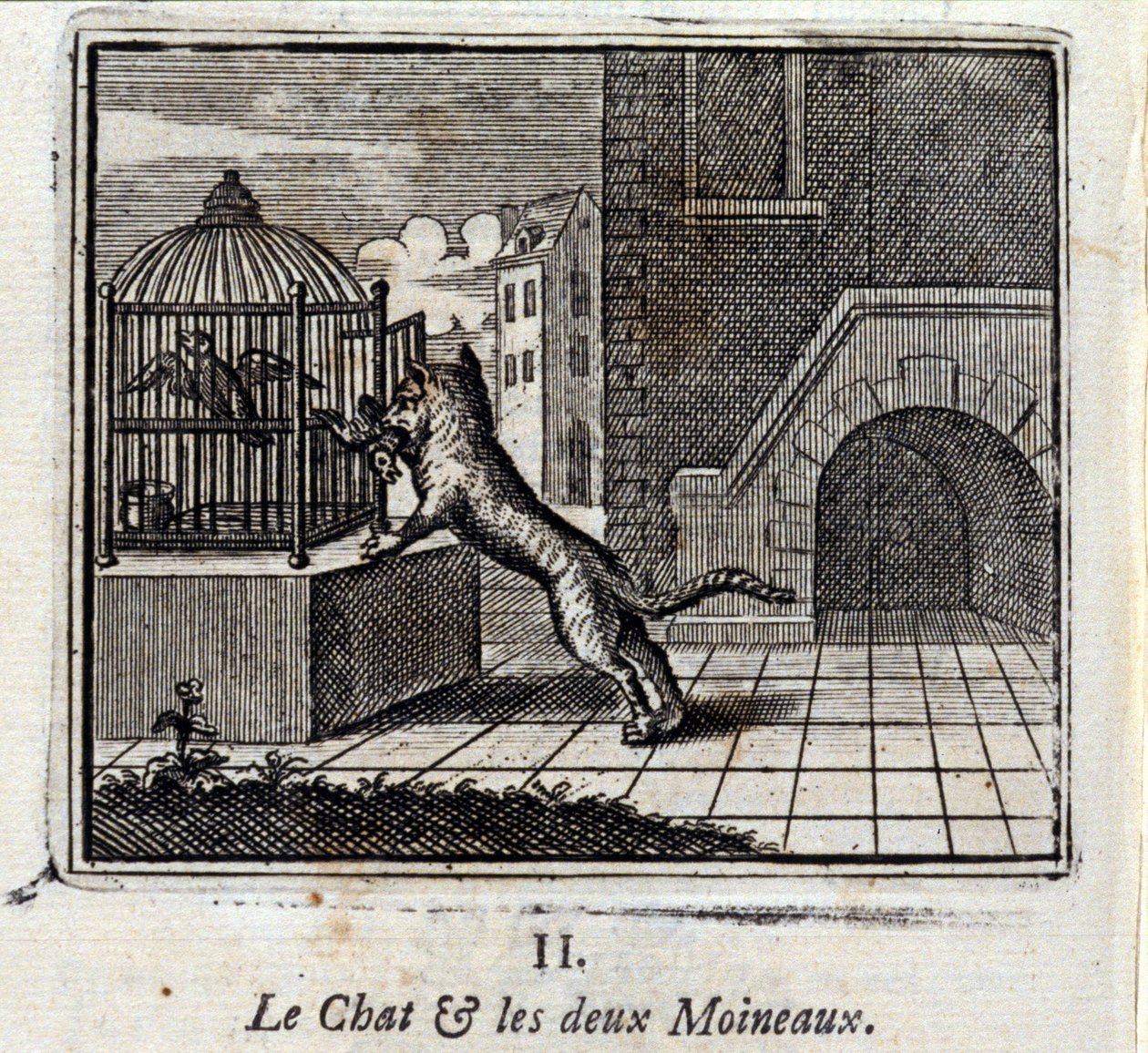 Kočka a dva vrabci. Bajky od Jeana de La Fontaine (1621-95). Ilustrace François Chauveau (1613-1676). Vydání z roku 1728. od Francois Chauveau