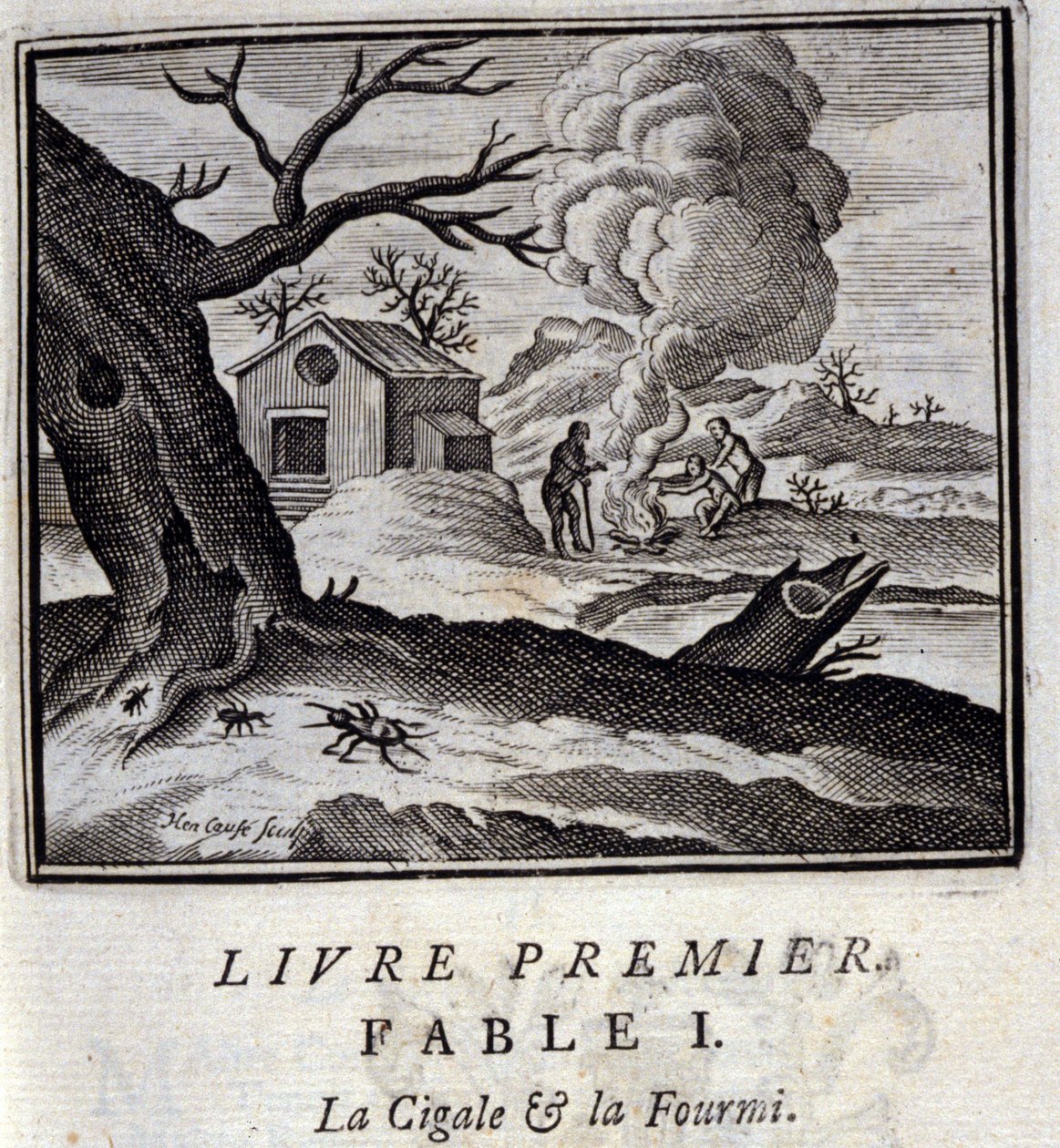 Cigale a mravenec. Bajky Jean de La Fontaine (1621-95). Ilustrace François Chauveau (1613-1676). Vydání z roku 1728. od Francois Chauveau