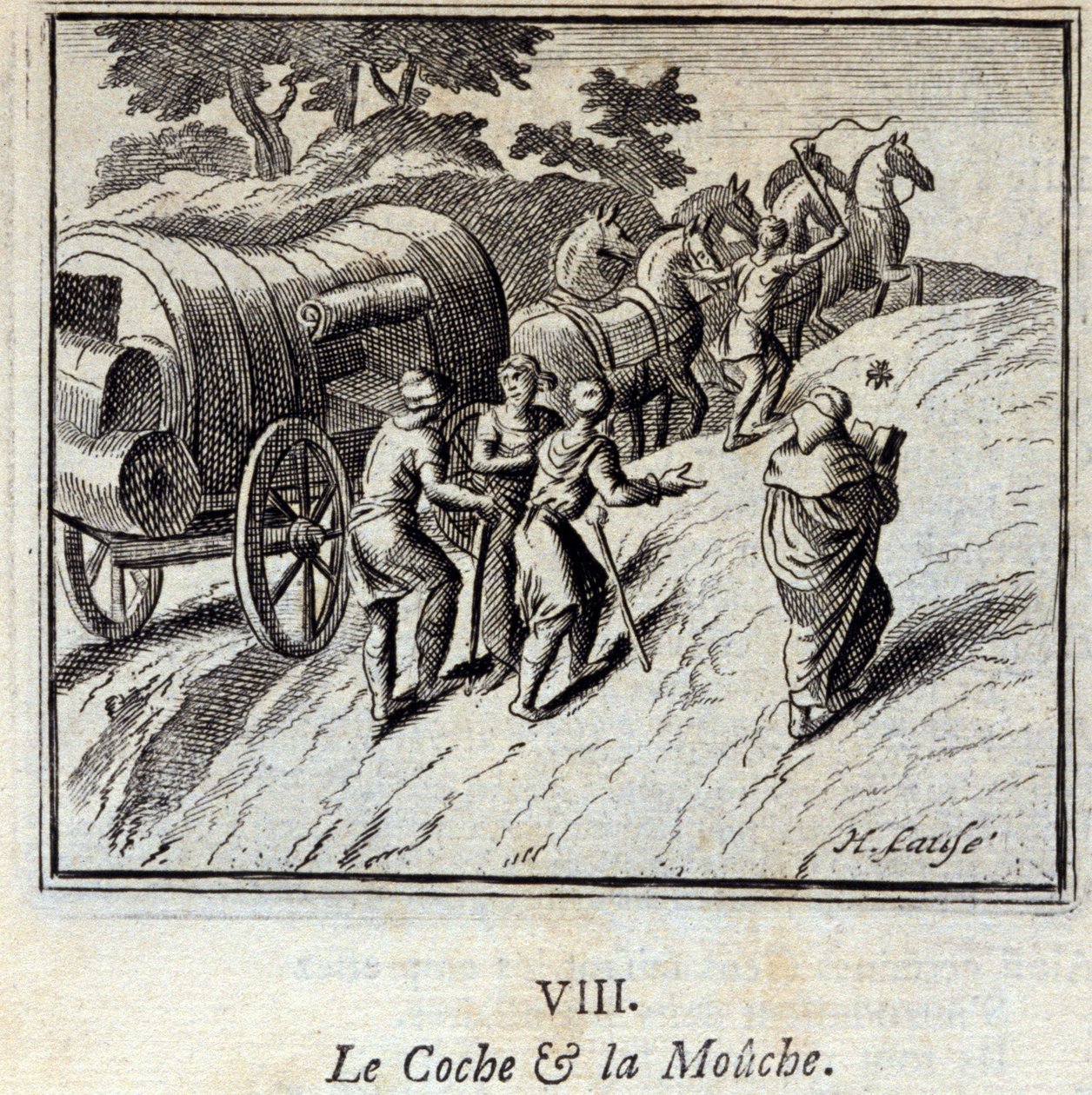 The Coche and the Fly. Bajky Jean de La Fontaine (1621-95). Ilustrace Francois Chauveau (1613-1676). Vydání z roku 1728. od Francois Chauveau