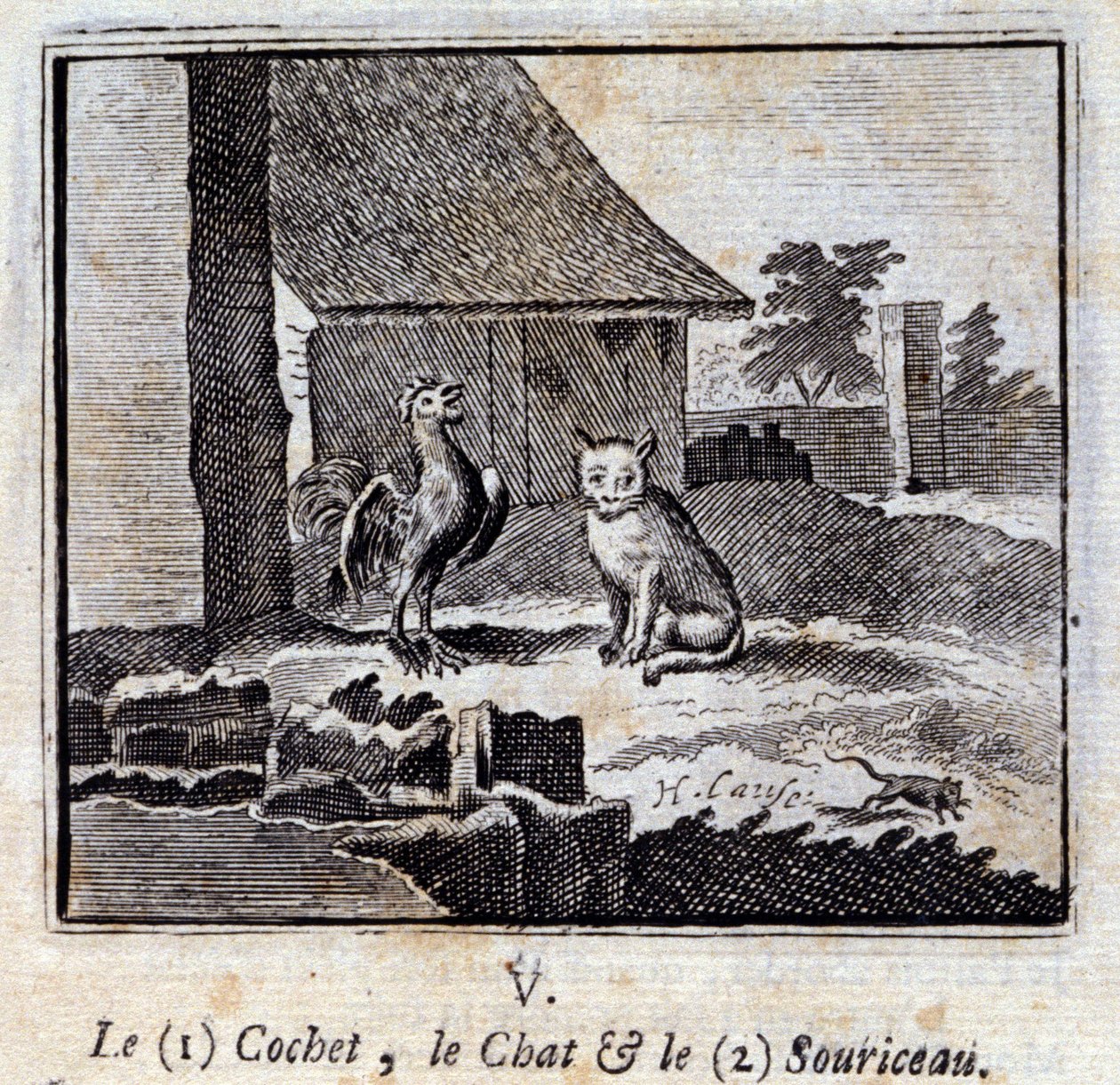 Kočka a myš Cochet. Bajky od Jeana de La Fontaine (1621-95). Ilustrace François Chauveau (1613-1676). Vydání z roku 1728. od Francois Chauveau