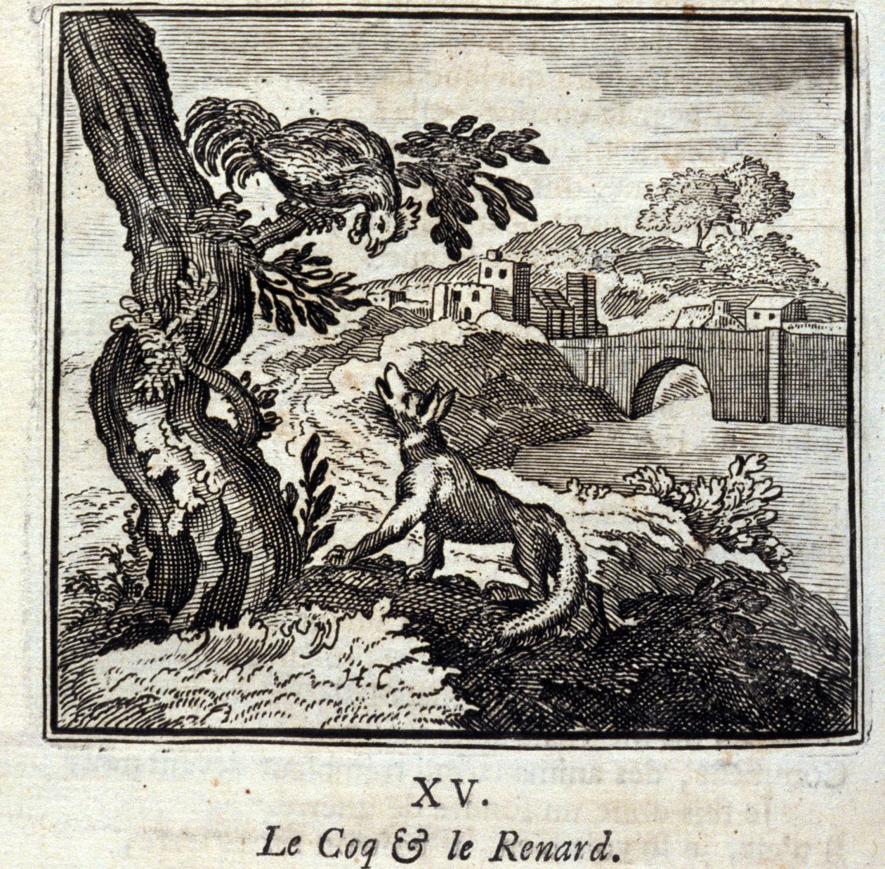 Coq a liška. Bajky Jean de La Fontaine (1621-95). Ilustrace Francois Chauveau (1613-1676). Vydání z roku 1728. od Francois Chauveau
