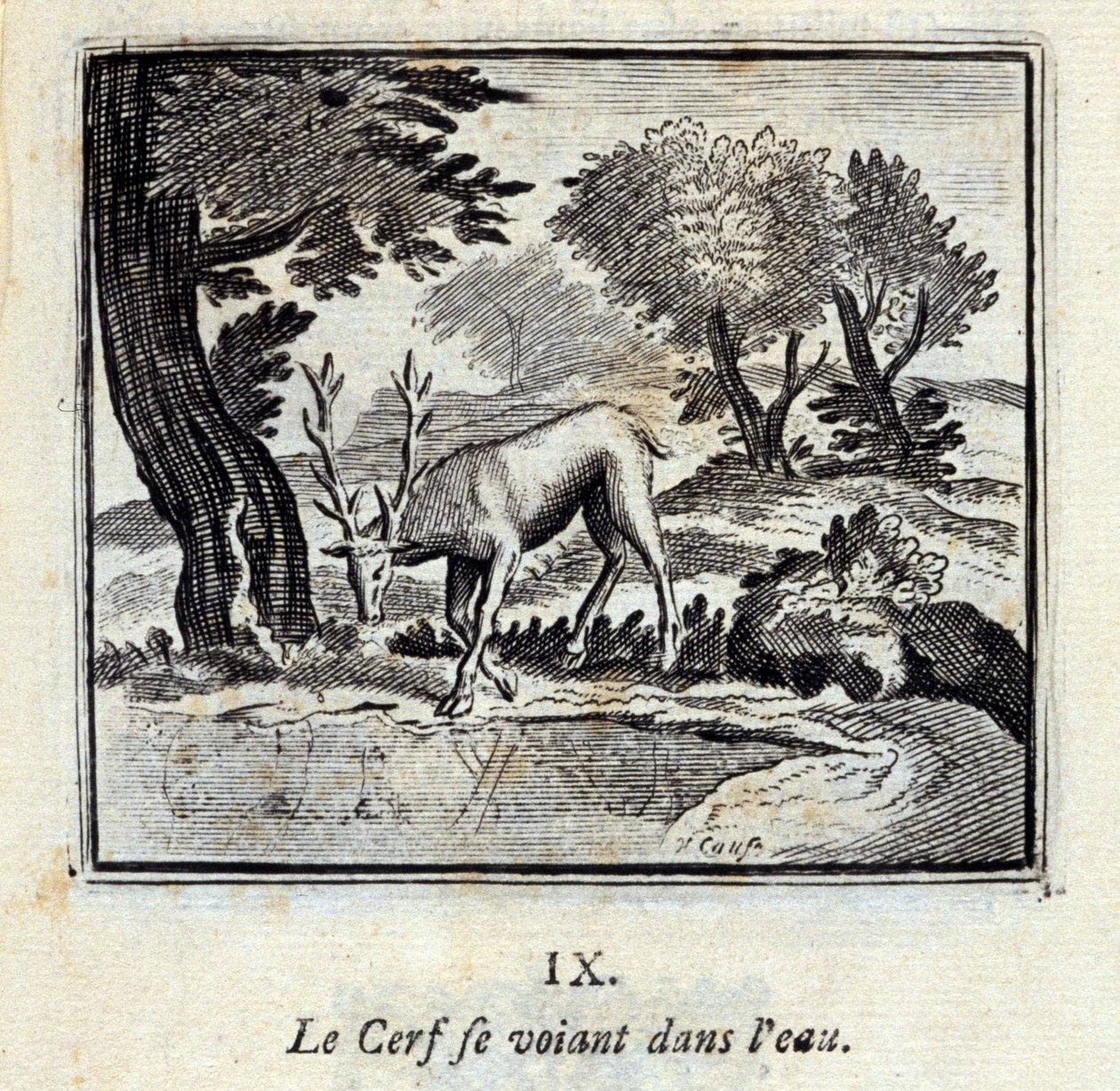 Jelen se vidí ve vodě. Bajky Jean de La Fontaine (1621-95). Ilustrace François Chauveau (1613-1676). Vydání z roku 1728. od Francois Chauveau