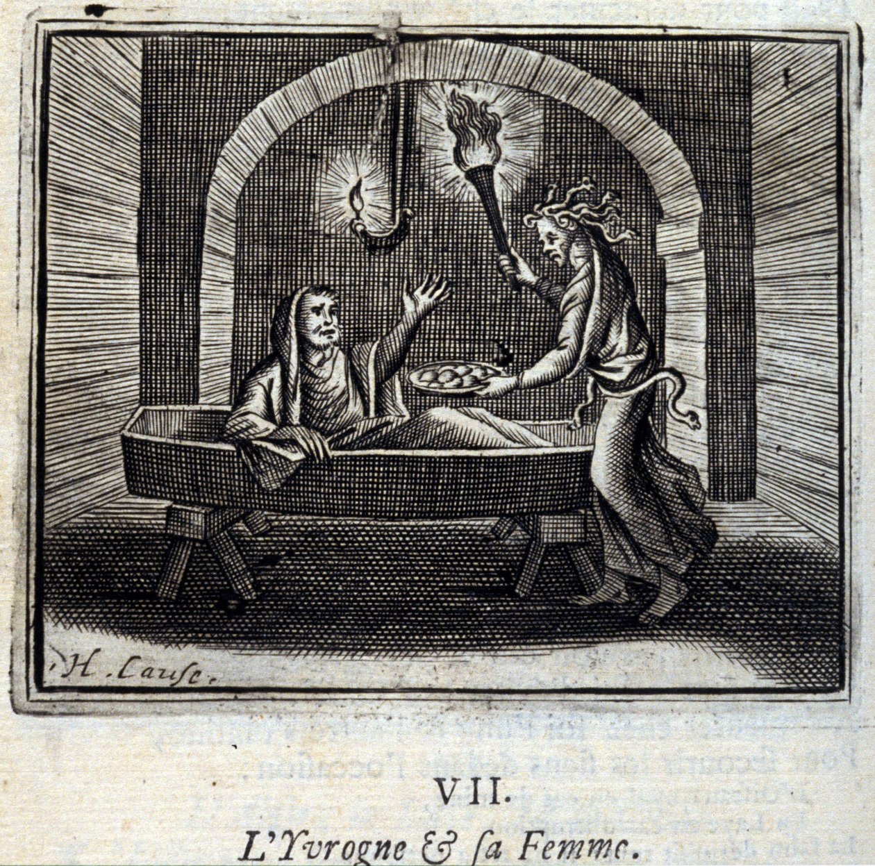 Opilec a jeho žena. Bajky od Jeana de La Fontaine (1621-95). Ilustrace François Chauveau (1613-1676). Vydání z roku 1728. od Francois Chauveau