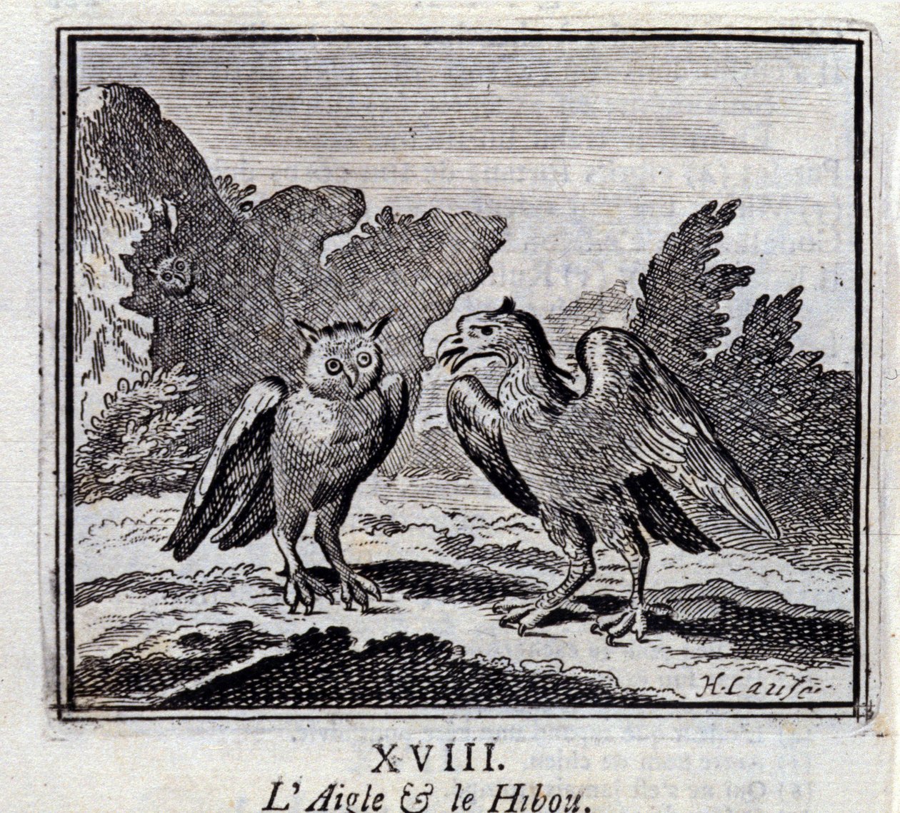 Orel a sova. Bajky Jean de La Fontaine (1621-95). Ilustrace François Chauveau (1613-1676). Vydání z roku 1728. od Francois Chauveau