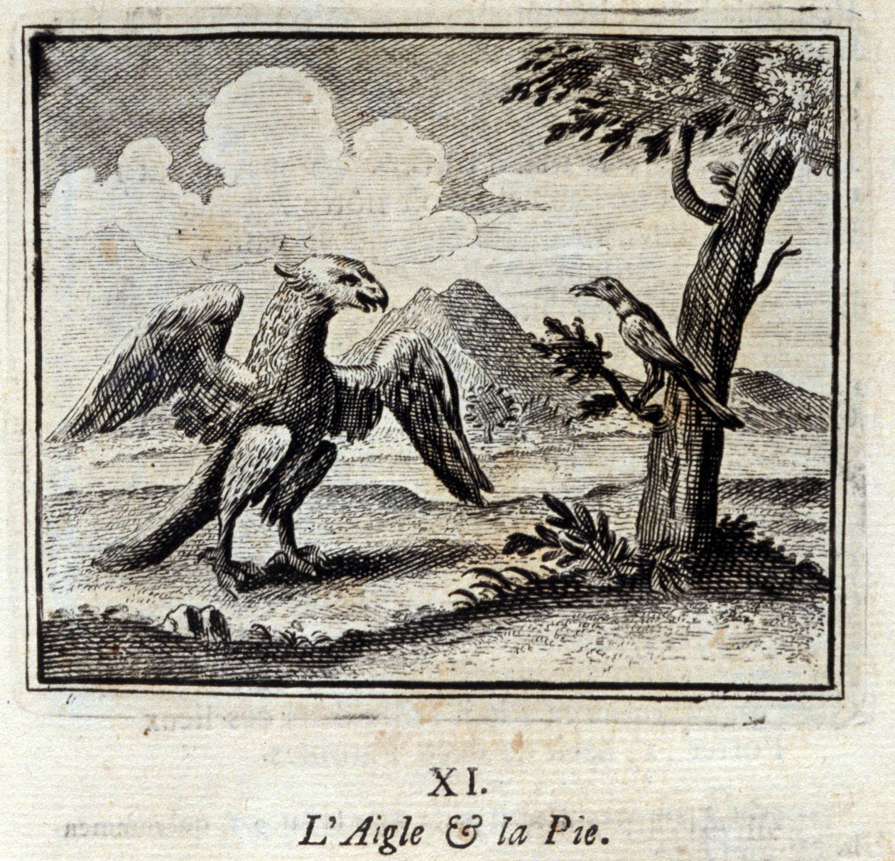 Orel a Pius. Bajky od Jeana de La Fontaine (1621-95). Ilustrace François Chauveau (1613-1676). Vydání z roku 1728. od Francois Chauveau