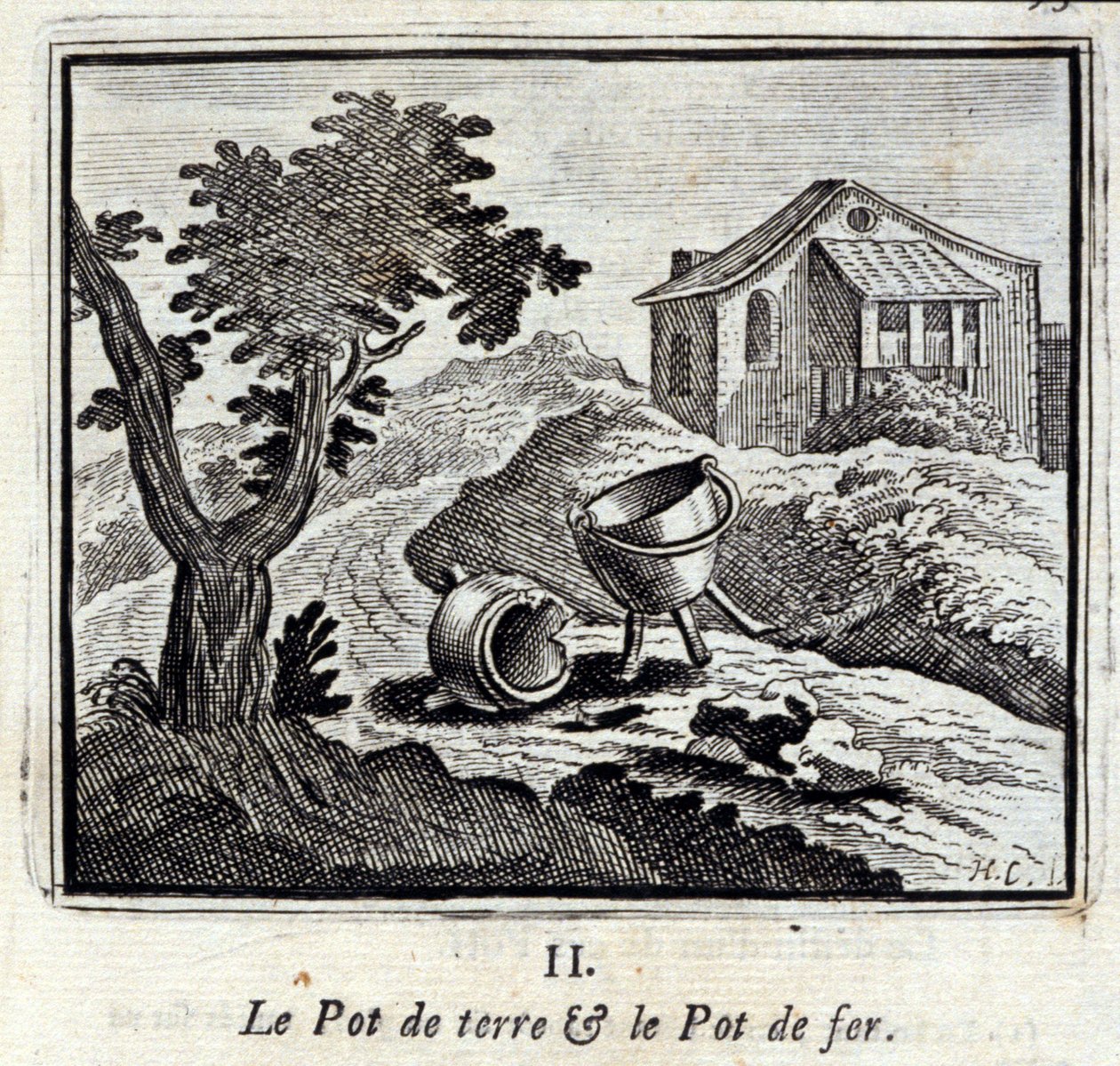 Zemní hrnec a Železný hrnec. Bajky Jean de La Fontaine (1621-95). Ilustrace François Chauveau (1613-1676). Vydání z roku 1728. od Francois Chauveau