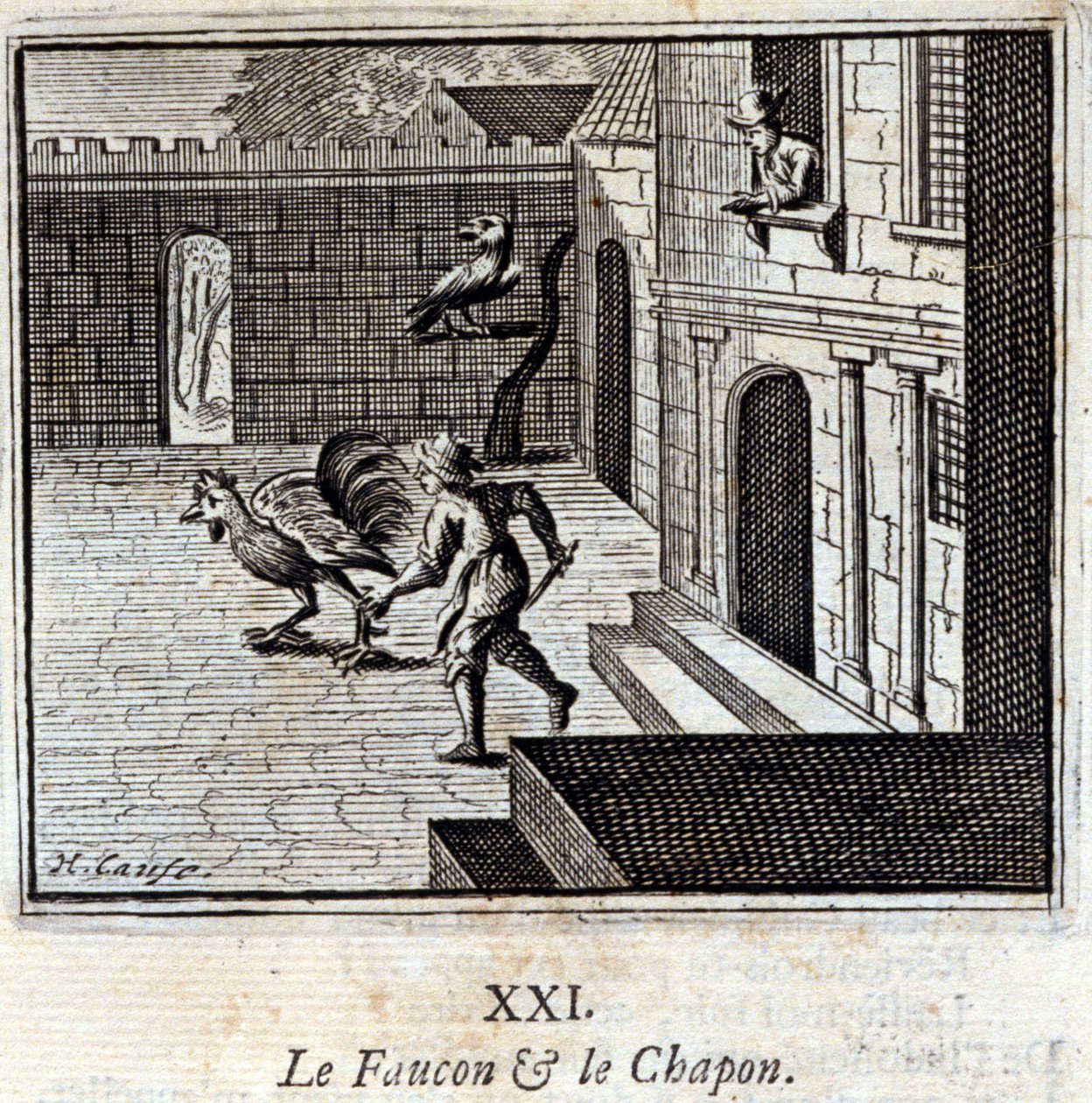 Sokol a kapoun. Bajky od Jeana de La Fontaine (1621-95). Ilustrace François Chauveau (1613-1676). Vydání z roku 1728. od Francois Chauveau