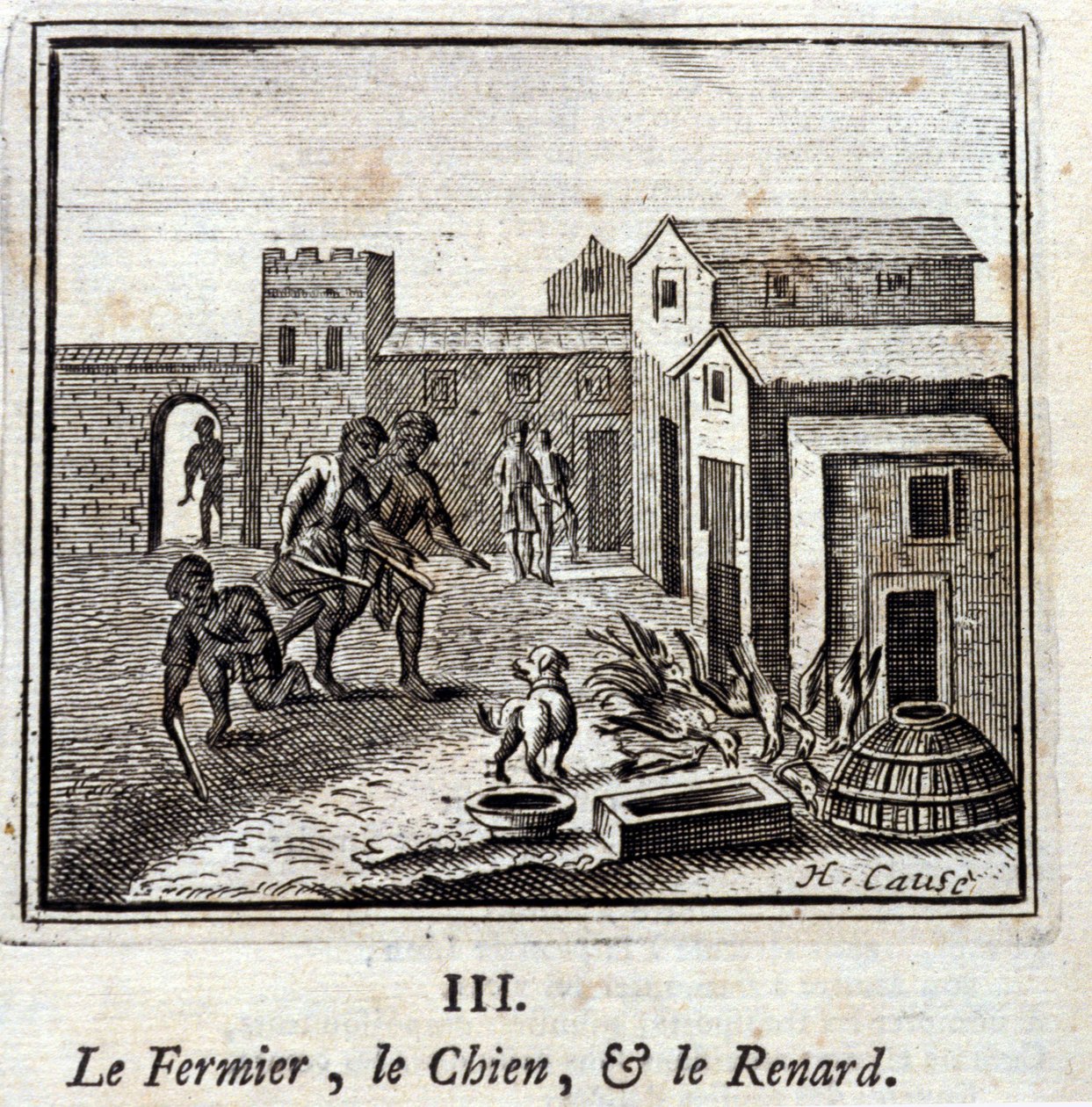 Farmář, pes a liška. Bajky Jean de La Fontaine (1621-95). Ilustrace François Chauveau (1613-1676). Vydání z roku 1728. od Francois Chauveau