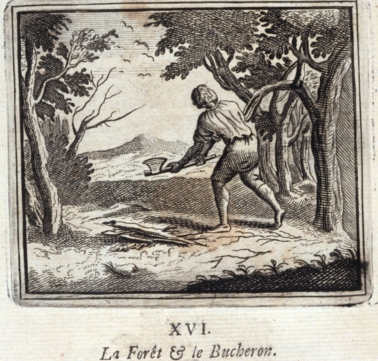 Les a dřevorubec. Bajky Jean de La Fontaine (1621-95). Ilustrace François Chauveau (1613-1676). Vydání z roku 1728. od Francois Chauveau