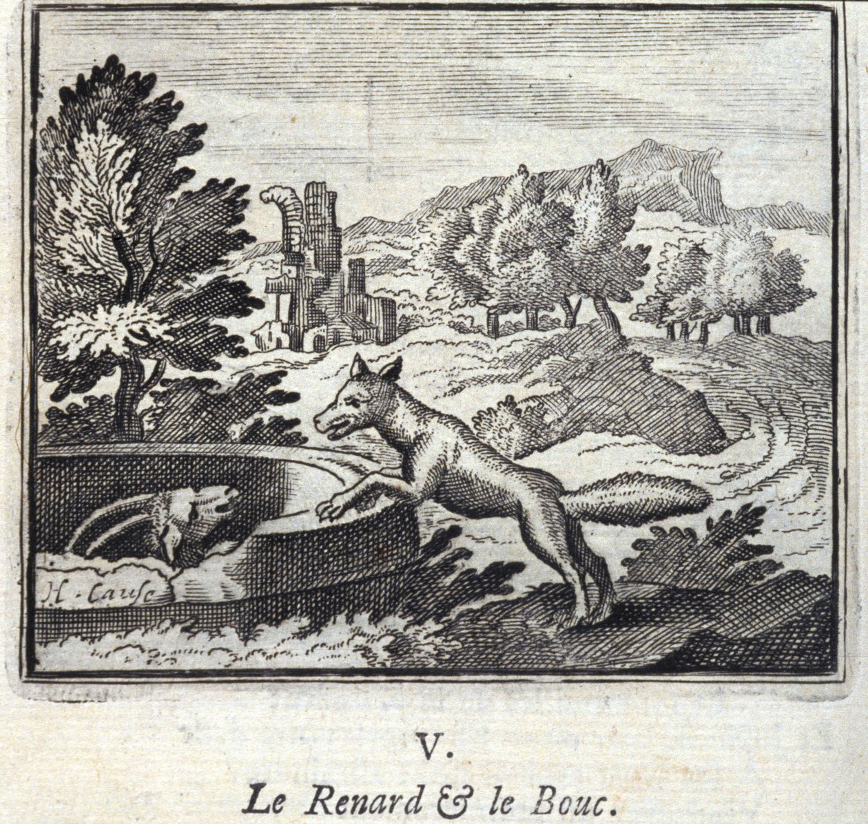 Liška a Bouc. Bajky Jean de La Fontaine (1621-95). Ilustrace François Chauveau (1613-1676). Vydání z roku 1728. od Francois Chauveau