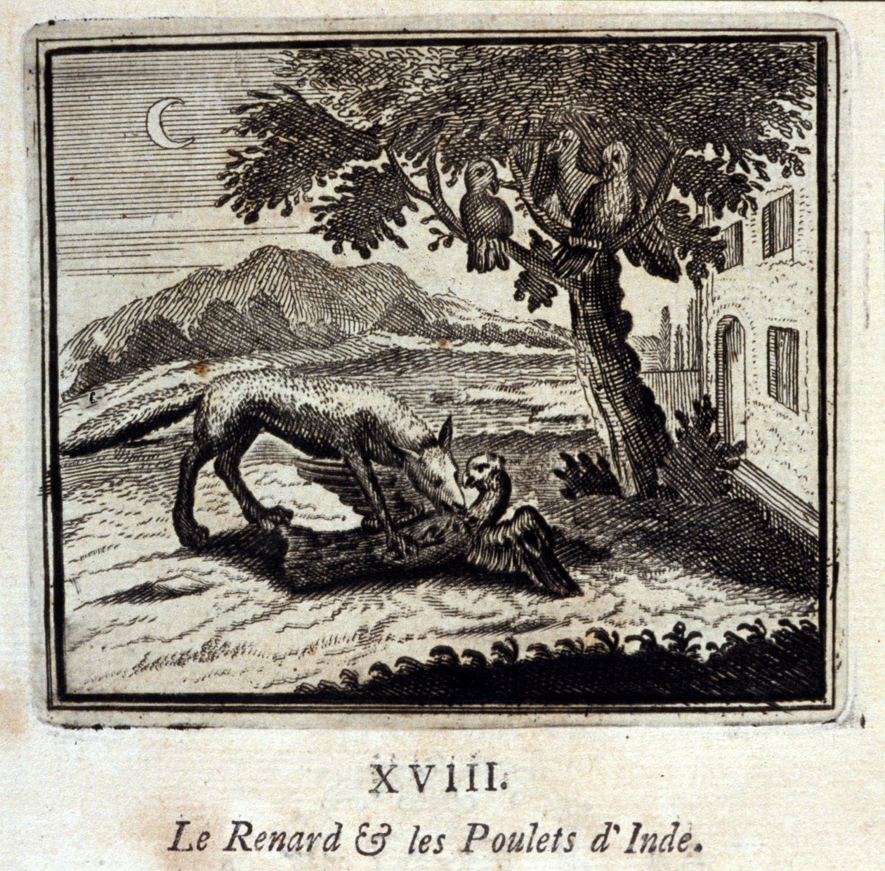 Liška a kuřata v Indii. Bajky Jeana de La Fontaine (1621-95). Ilustrace François Chauveau (1613-1676). Vydání z roku 1728. od Francois Chauveau
