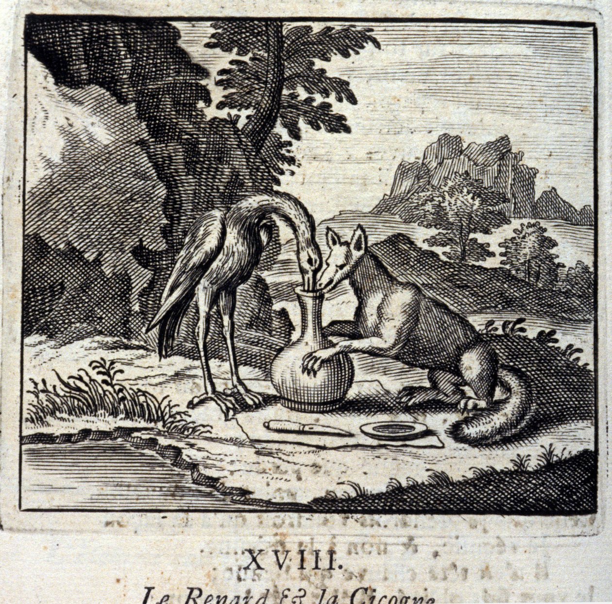 Liška a čáp. Bajky Jean de La Fontaine (1621-95). Ilustrace Francois Chauveau (1613-1676). Vydání z roku 1728. od Francois Chauveau
