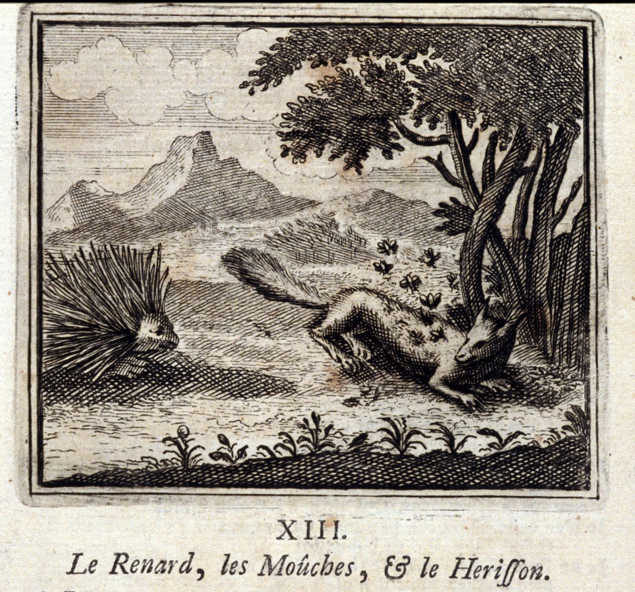 Liška, mouchy a Herisson. Bajky Jean de La Fontaine (1621-95). Ilustrace François Chauveau (1613-1676). Vydání z roku 1728. od Francois Chauveau