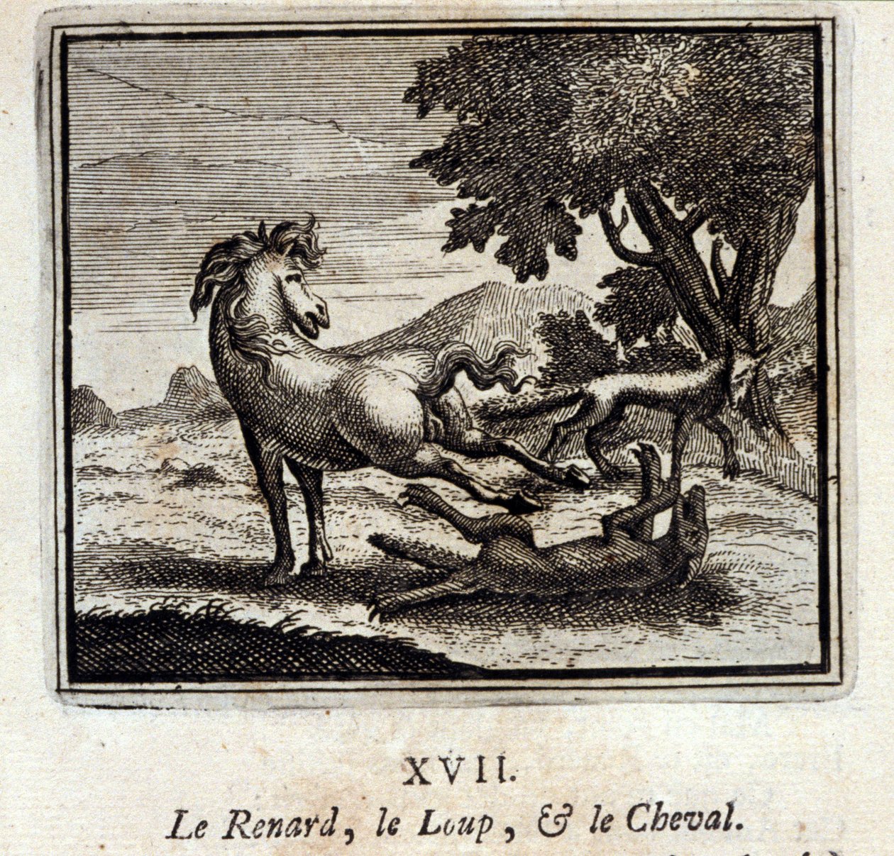 Liška, vlk a kůň. Bajky Jean de La Fontaine (1621-95). Ilustrace François Chauveau (1613-1676). Vydání z roku 1728. od Francois Chauveau