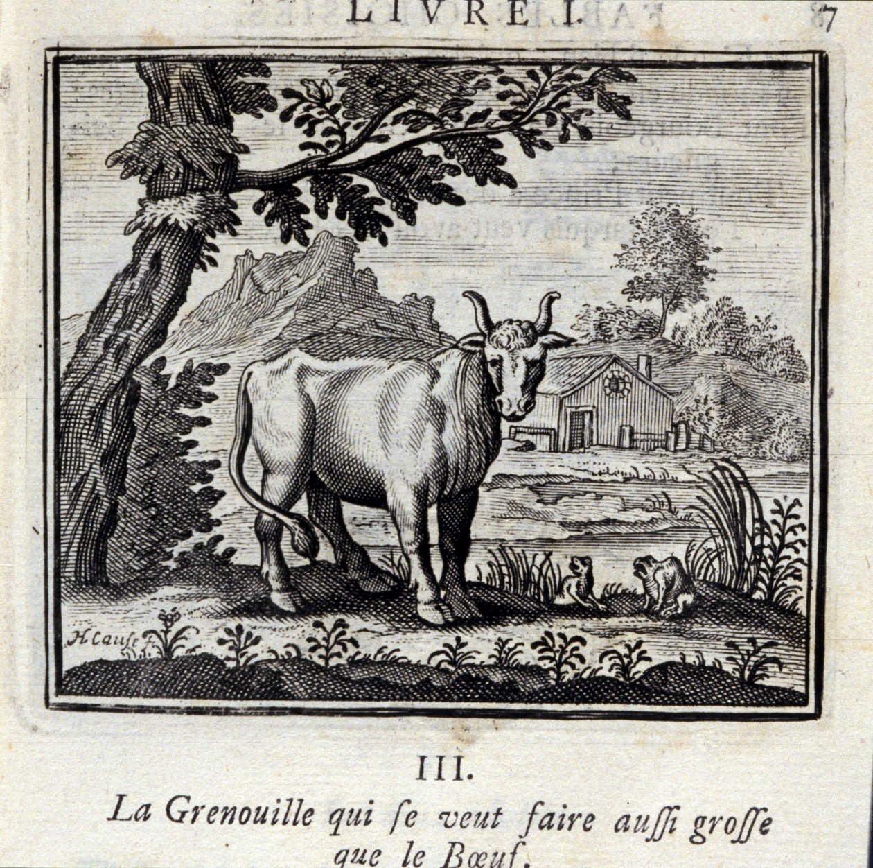 Žába, která chce být velká jako hovězí. Bajky Jean de La Fontaine (1621-95). Ilustrace François Chauveau (1613-1676). Vydání z roku 1728. od Francois Chauveau