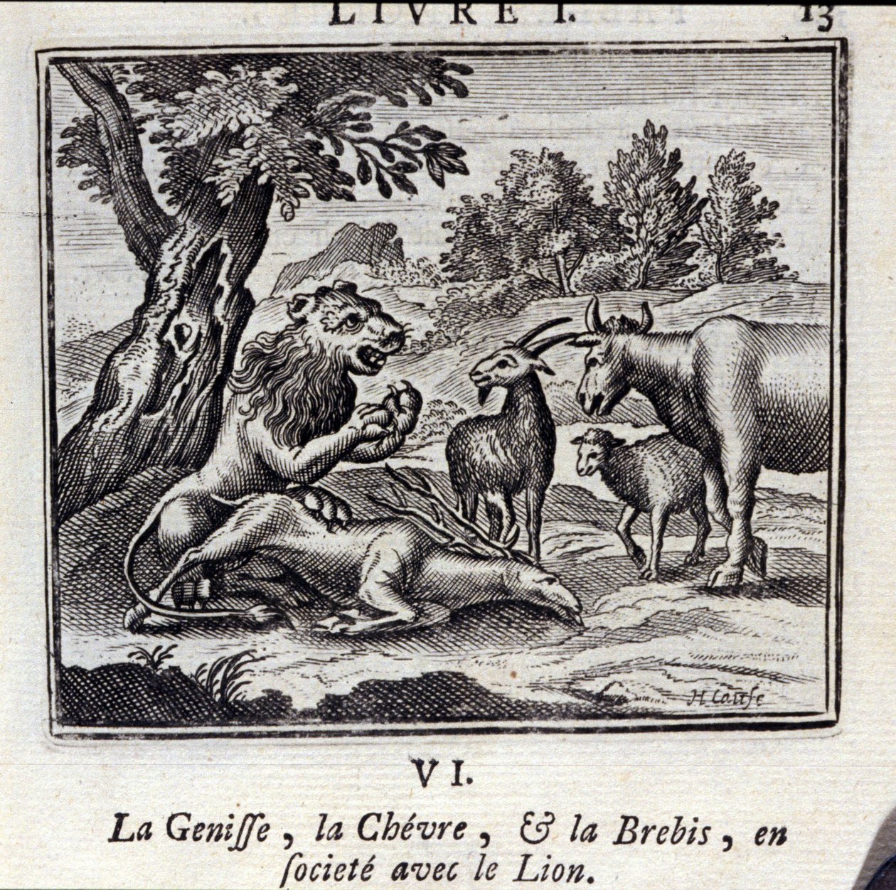 Genisse Gove a ovce ve společnosti se lvem. Bajky Jean de La Fontaine (1621-95). Ilustrace François Chauveau (1613-1676). Vydání z roku 1728. od Francois Chauveau