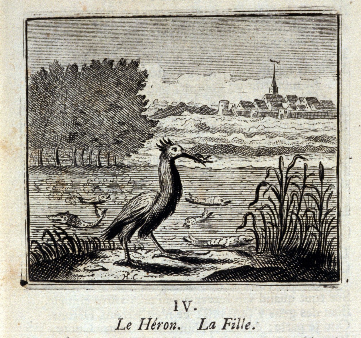 Volavka. Bajky Jean de La Fontaine (1621-95). Ilustrace François Chauveau (1613-1676). Vydání z roku 1728. od Francois Chauveau