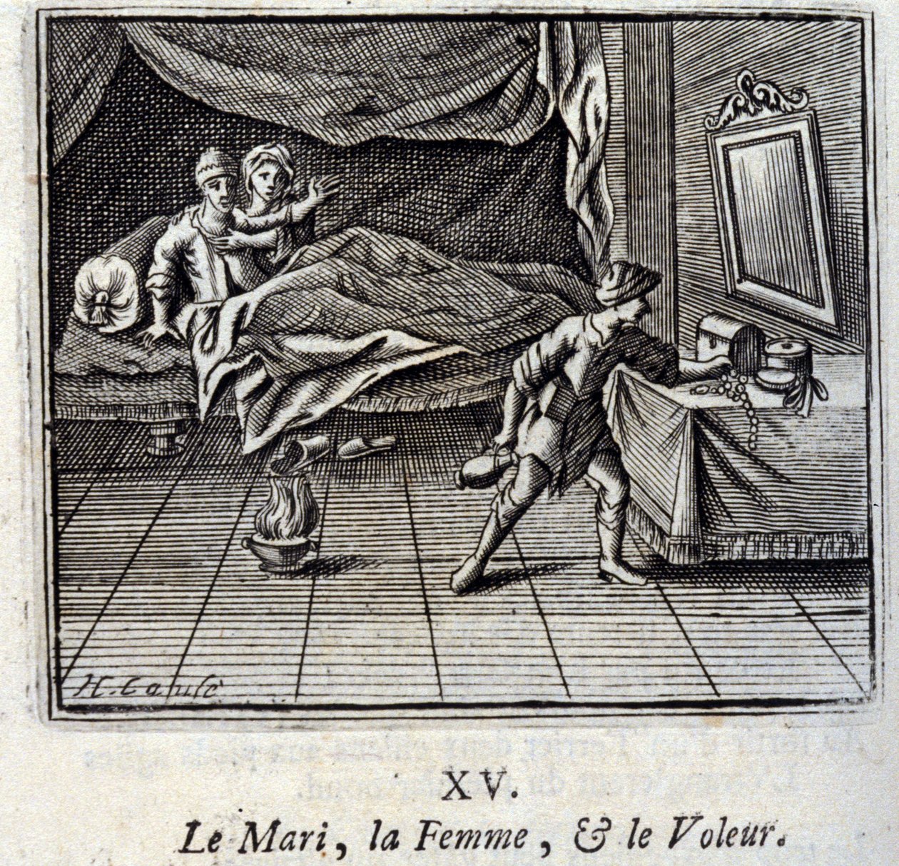 Manžel, žena a zloděj. Bajky Jean de La Fontaine (1621-95). Ilustrace François Chauveau (1613-1676). Vydání z roku 1728. od Francois Chauveau