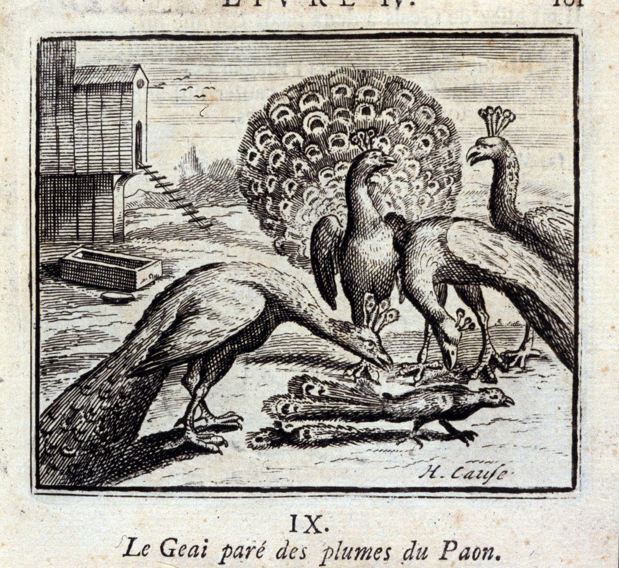 Sojka zdobí paví pera. Bajky Jean de La Fontaine (1621-95). Ilustrace François Chauveau (1613-1676). Vydání z roku 1728. od Francois Chauveau